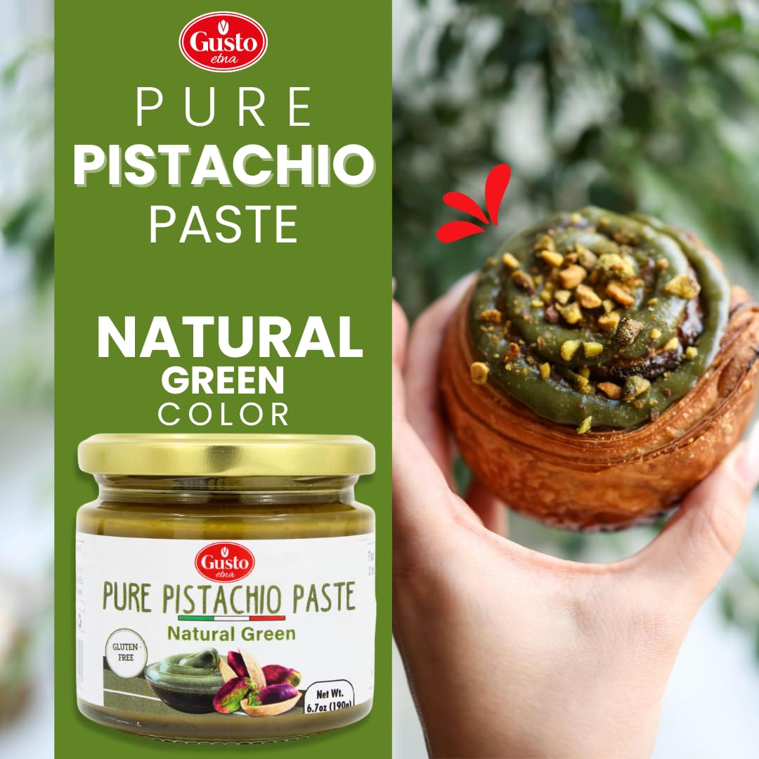GUSTO ETNA Pure Sicilian Pistachio Paste 100% Pistachios, Unsweetend 6.7 oz | No Added Sugar or Artificial Colors, Butter Spread for Keto, Gelato, Fillings, with Natural Green Color, Product of Italy.