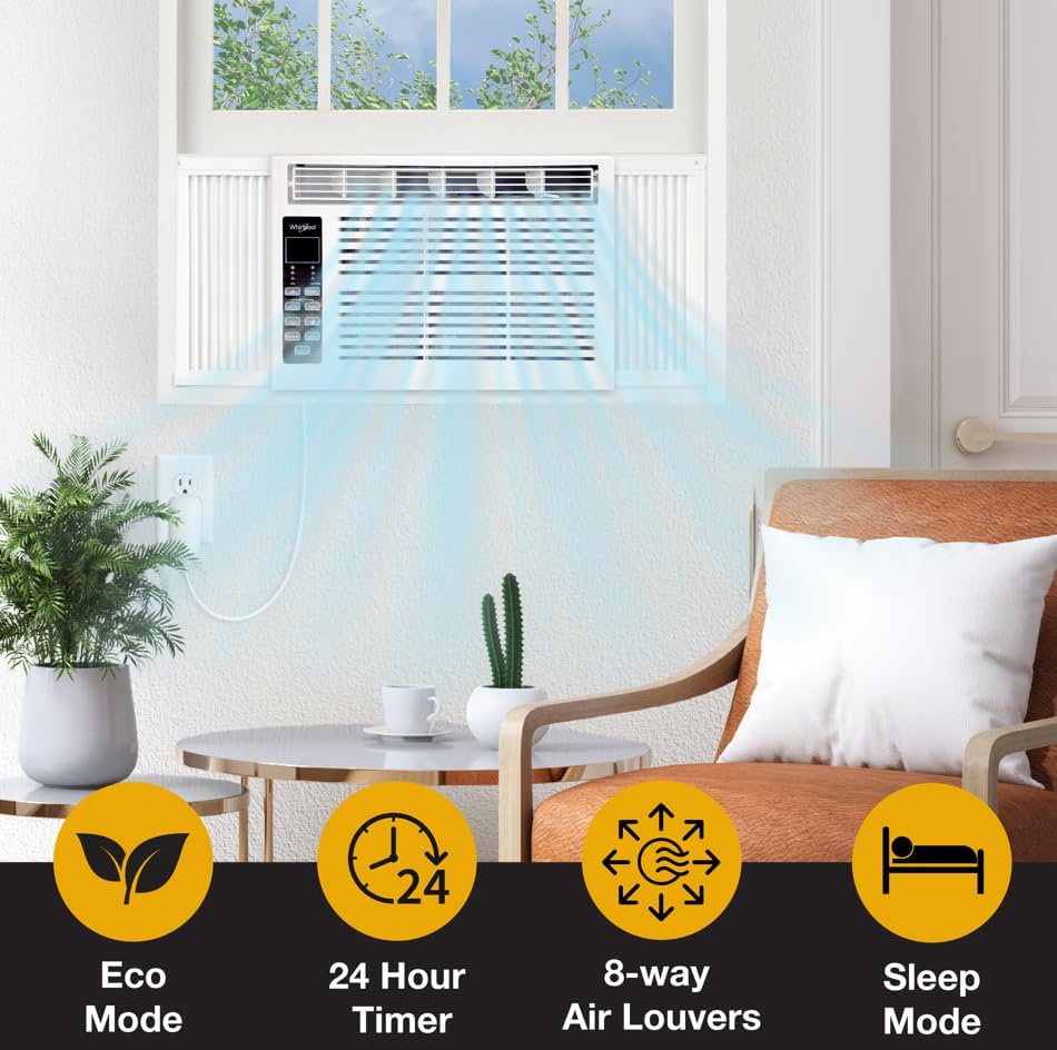 Whirlpool 15,000 BTU Window Air Conditioner with Dehumidifier, 115V, Window AC for Rooms up to 700 Sq. Ft., Living Room, Bedroom, or Kitchen, with Remote Control, Auto-Restart, and 24H-Timer, White