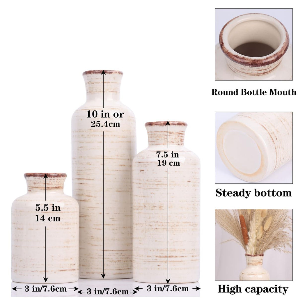 Ceramic Vase Set - 3 Ceramic Small Vases, Farmhouse Country Flower Vase Home Decor, Living Room Decoration, Table Decoration, Fireplace Decor, and Entrance Decorations Centerpieces