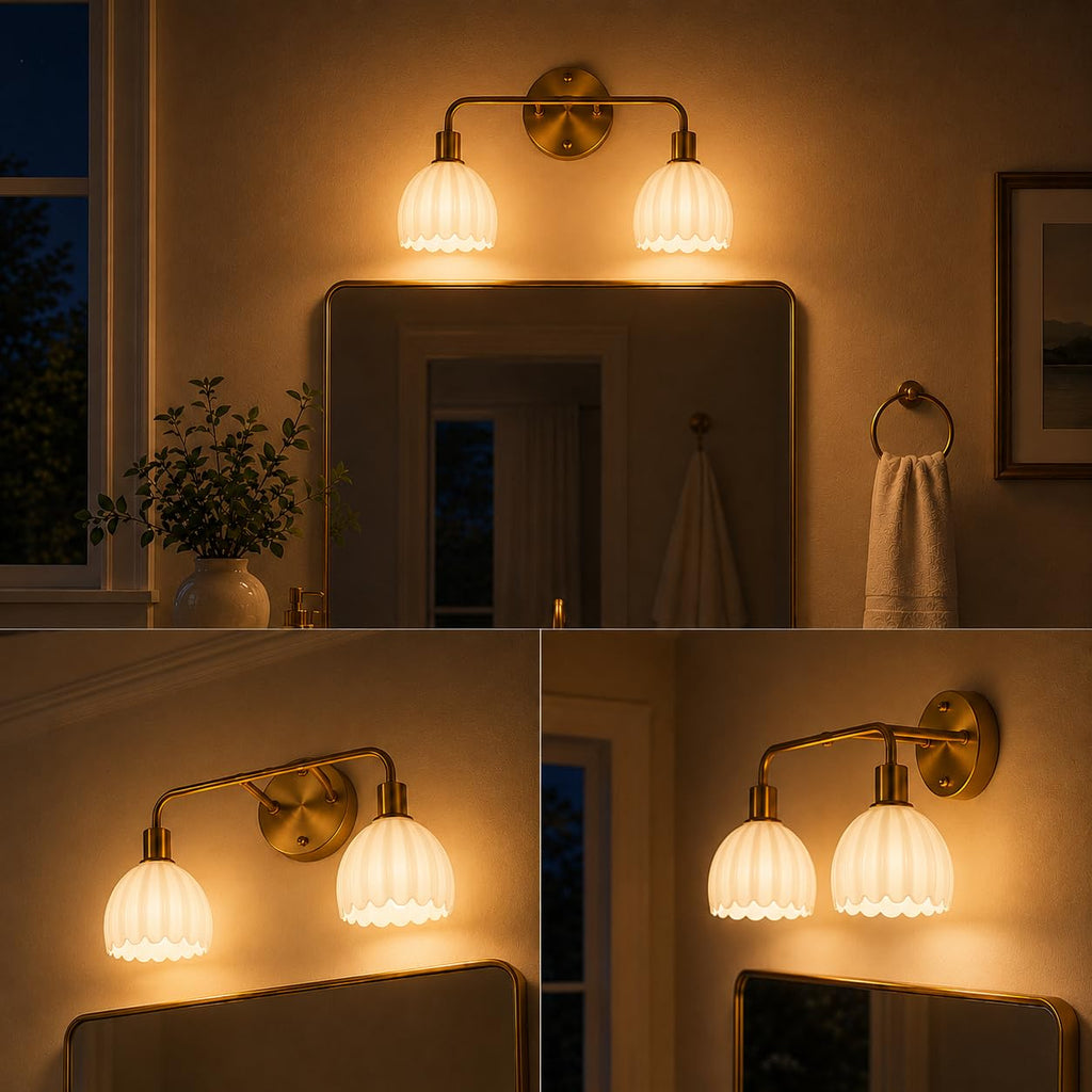 1-Light Gold Brass Bathroom Light Fixture,Wall Sconces set of 2,Brushed Gold Vanlity Light Over Mirror,Bathroom Vanity Light with White Tulip Glass Flower Shade,E26 Socket(Bulbs Not Included)
