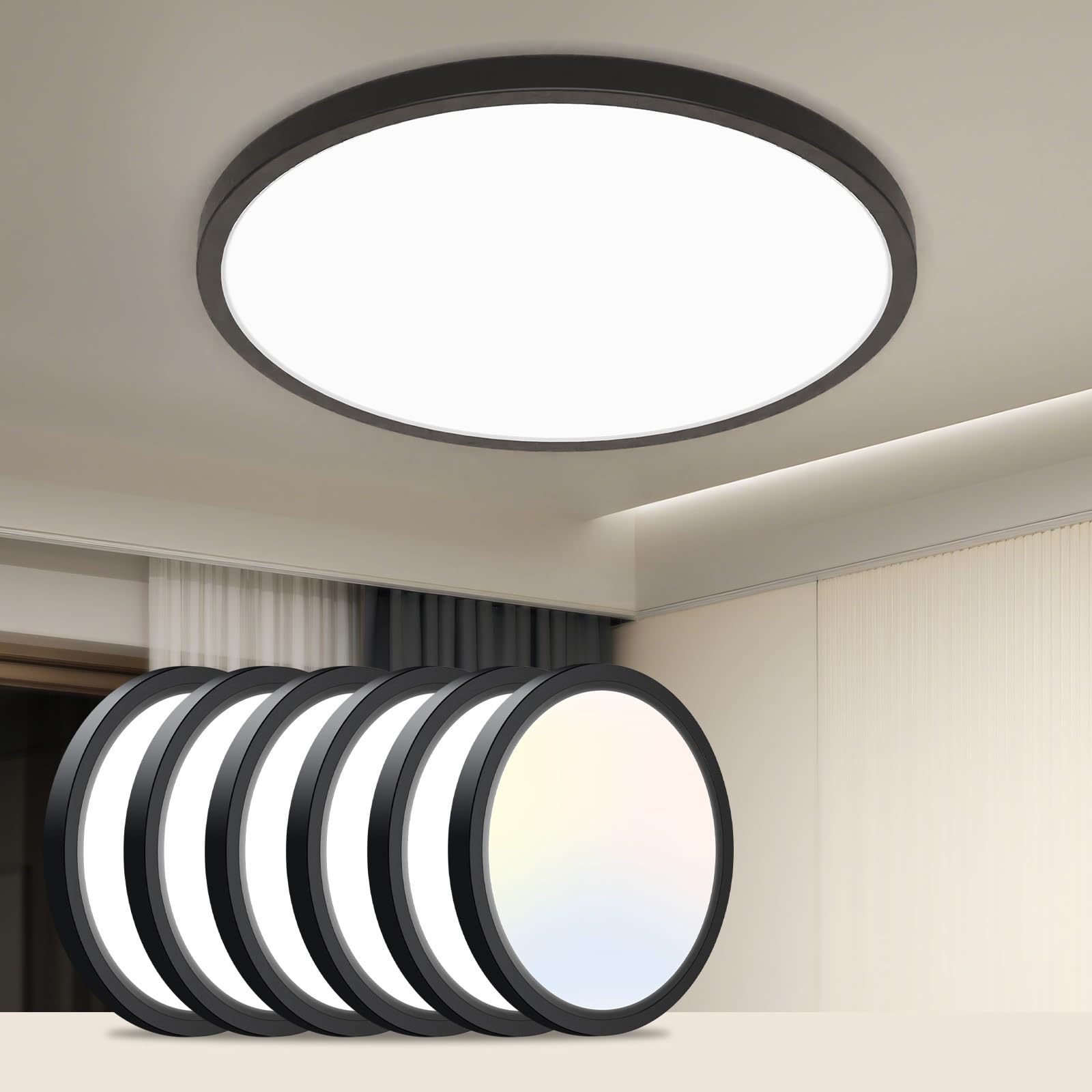 1PACK LED Flush Mount Ceiling Light Fixture, 3000K-4000K-6500K & 100W Equivalent Modern Kitchen Ceiling Lamp 15W 1500Lm 7.5 Inch Closet Round Surface for Bathroom Laundry Bedroom Hallway, Black