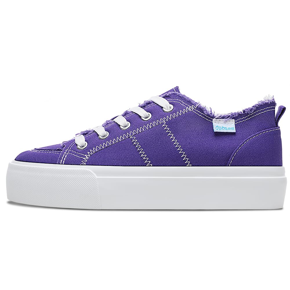 Obtaom Women Platform Canvas Sneakers White Comfort Play Fashion Sneakers Casual Lift Platform Lace Up Shoes Cute Low Top Walking Shoes for Lady