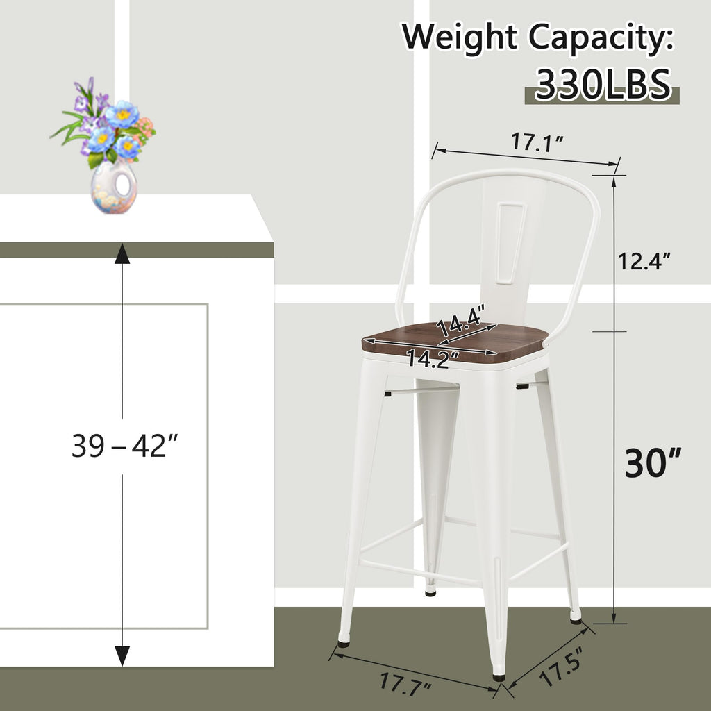Barstools Set of 4 Counter Height Bar Stools for Kitchen Island Farmhouse Metal High Back Bar Chairs Wooden Seat 24" Matte Black
