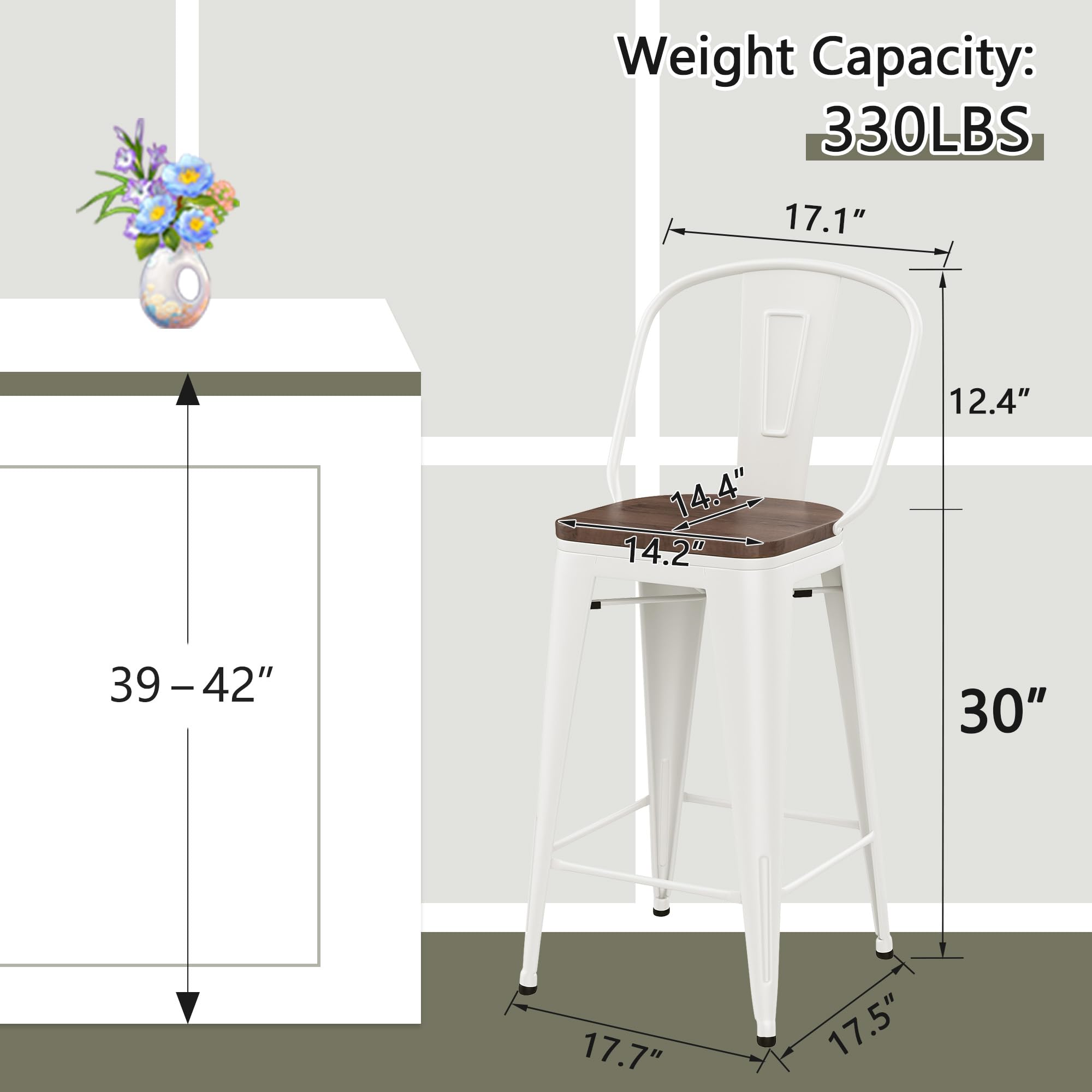 Barstools Set of 4 Counter Height Bar Stools for Kitchen Island Farmhouse Metal High Back Bar Chairs Wooden Seat 24" Matte Black