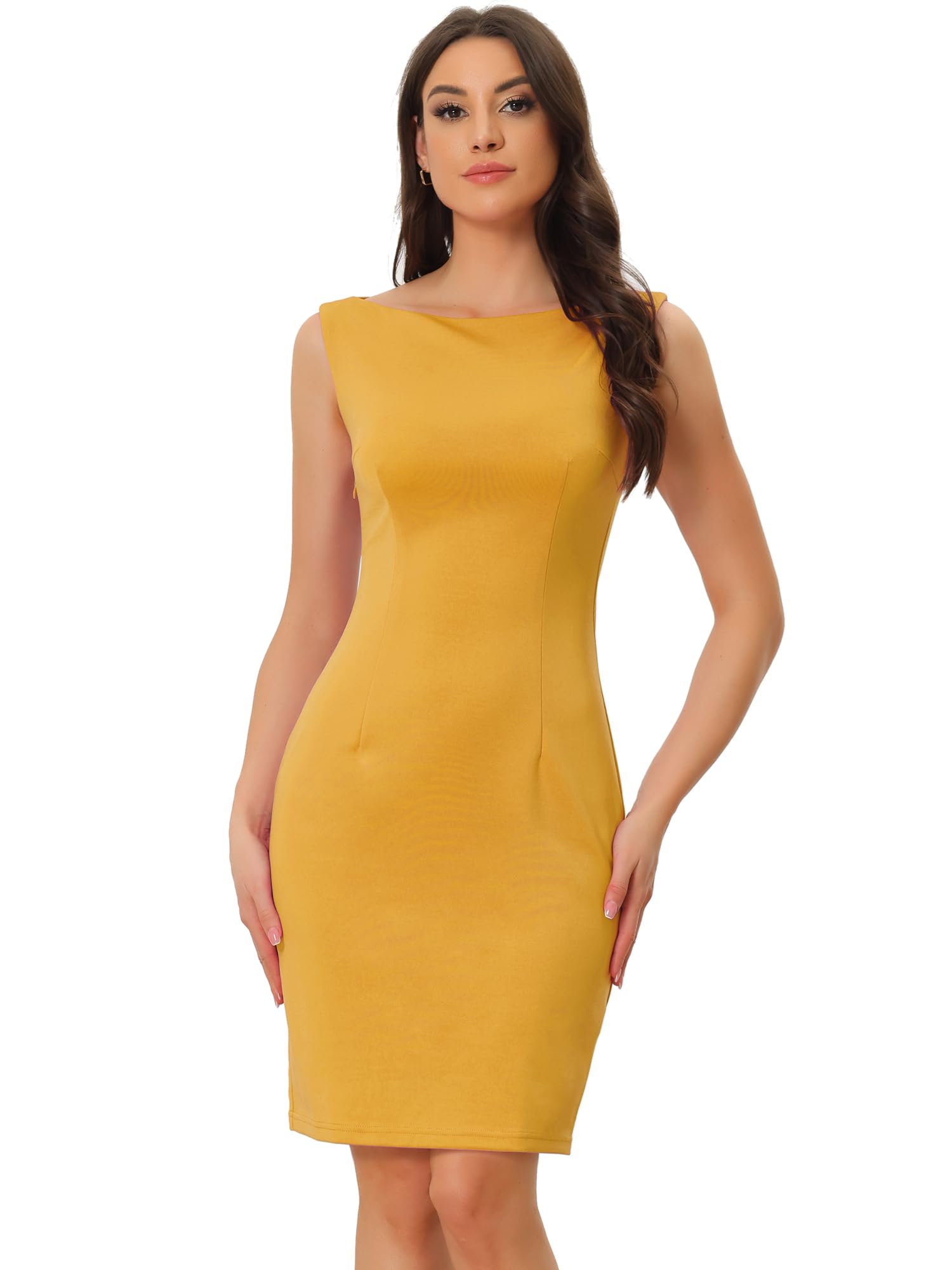 Allegra K Sheath Dress for Women's Business Teacher Sleeveless Boat Neck Dressy Casual Office Dresses