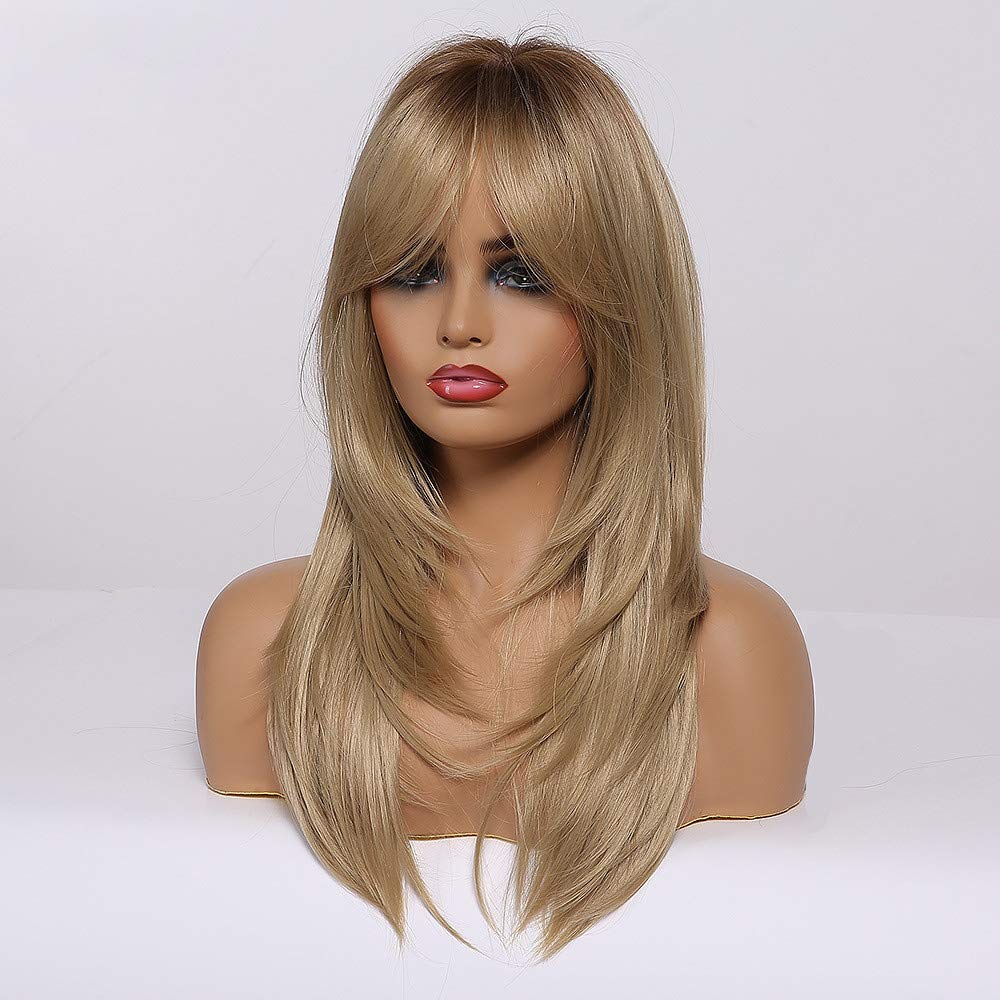 HAIRCUBE Auburn Wigs for Women,Long Layered Orange Wigs with Bangs Heat Resistant Synthetic Fibre Wigs(pelucas de cabello natural)