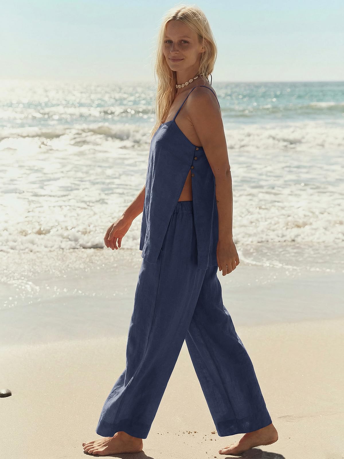 Dokuritu Linen Sets for Women 2 Piece Summer Spaghetti Strap Top Wide Leg Pant Set Beach Vacation Travel Outfits with Pockets