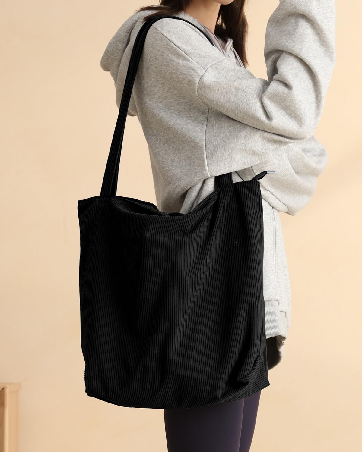 Iioscre Corduroy Tote Bag for Women,Hobo HandBags with Zipper,Large Capacity Casual Shoulder Handbags with Inner Pockets