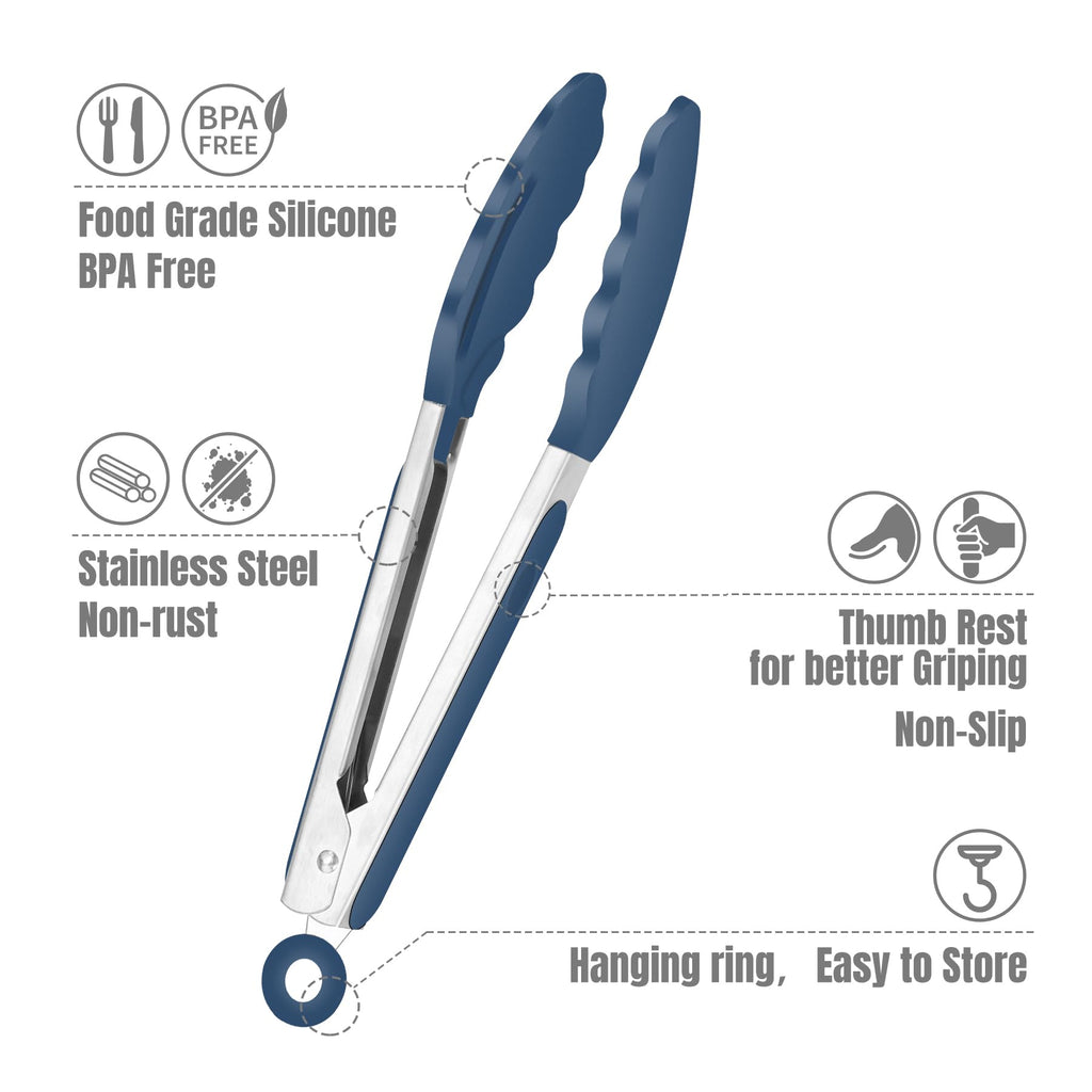 Hotec Mini Silicone Kitchen Tongs for Cooking - 7-Inch Small Serving Tongs with Silicone Tips, Set of 3 (Black)