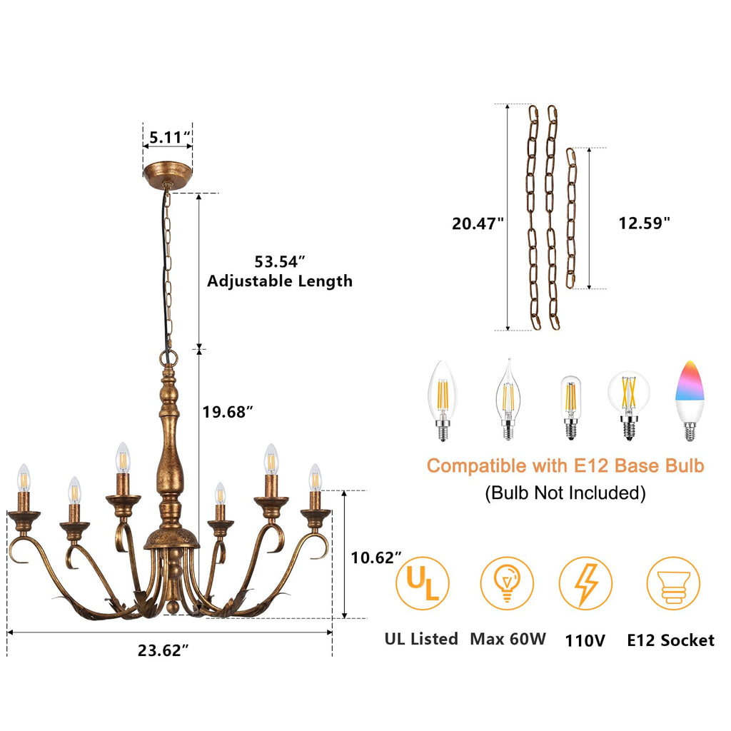 6-Light Farmhouse Chandeliers for Dining Room, 23.62'' Vintage Brass Gold Chandelier, Adjustable Rustic Metal Hanging Pendant Light Fixture for Kitchen Island Entryway Foyer Bedroom Hallway
