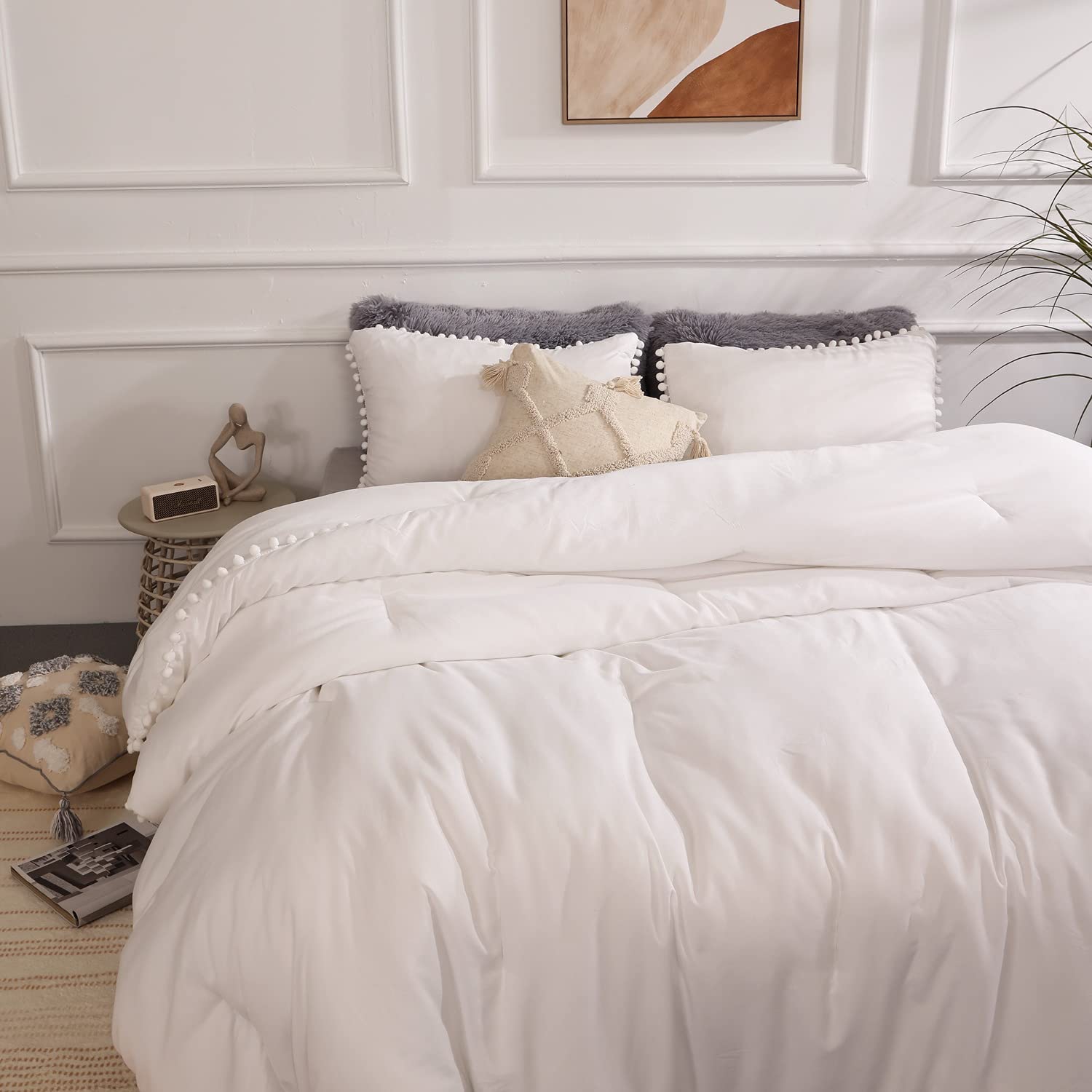 YIRDDEO Twin Comforter Set - Comforter Twin Size Bed with Ball Pom Fringe, Soft Bedding Set for All Seasons - 2 Pieces, 1 Comforter (66"x90") & 1 Pillow Sham(20"x26"), Beige