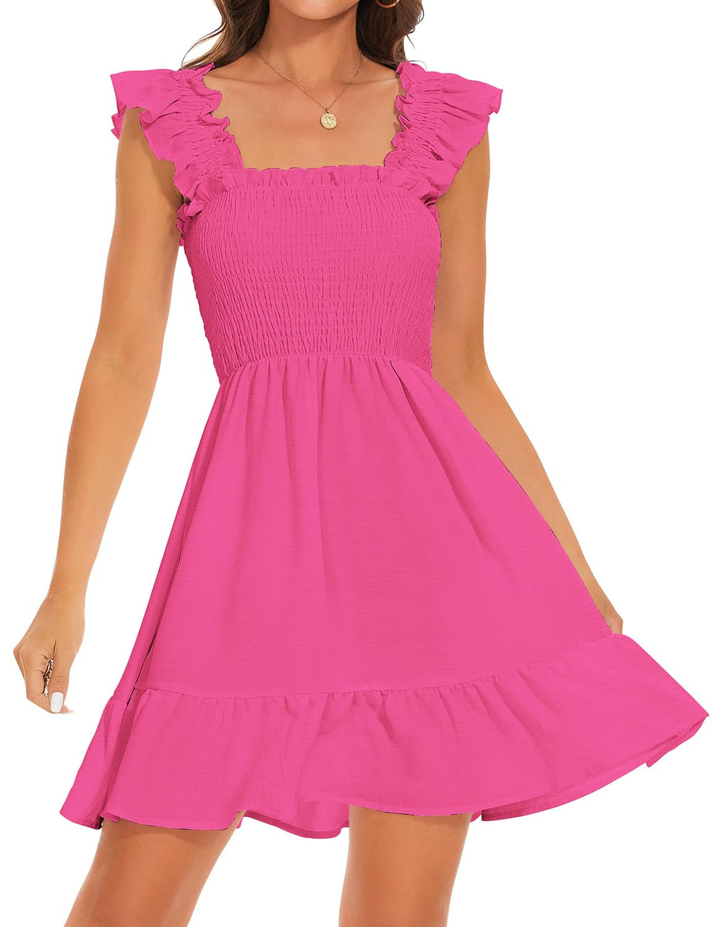 ROYLAMP Women's Smocked Dresses Square Neck Elegant Tiered Boho Ruffle Shoulder Swing Flowy Summer Casual Mini Dress