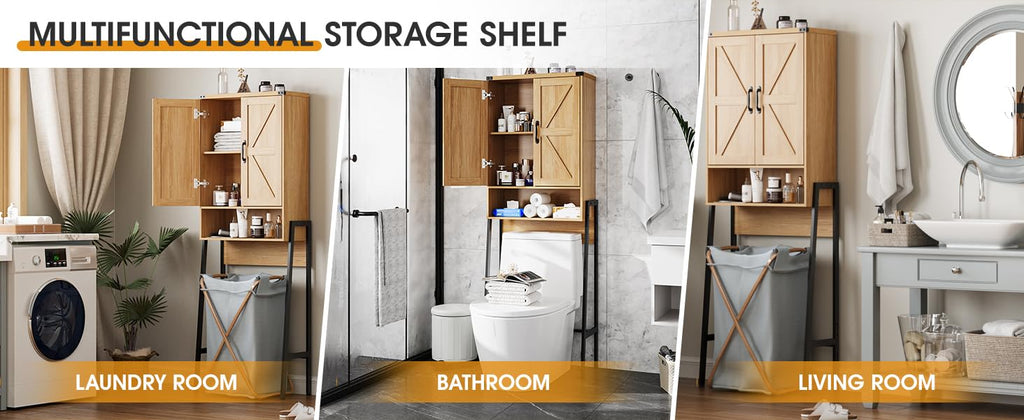 Vabches Over The Toilet Storage Cabinet with 2-Door Design Bathroom Organizers and Storage with Anti-Tip Device Over Toilet Organizer with Shelves for Bathroom,Restroom,Laundry Black