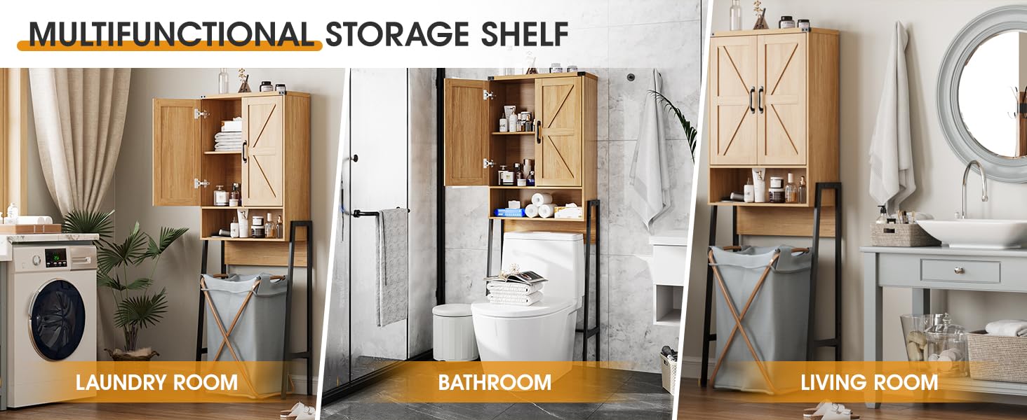 Vabches Over The Toilet Storage Cabinet with 2-Door Design Bathroom Organizers and Storage with Anti-Tip Device Over Toilet Organizer with Shelves for Bathroom,Restroom,Laundry Black