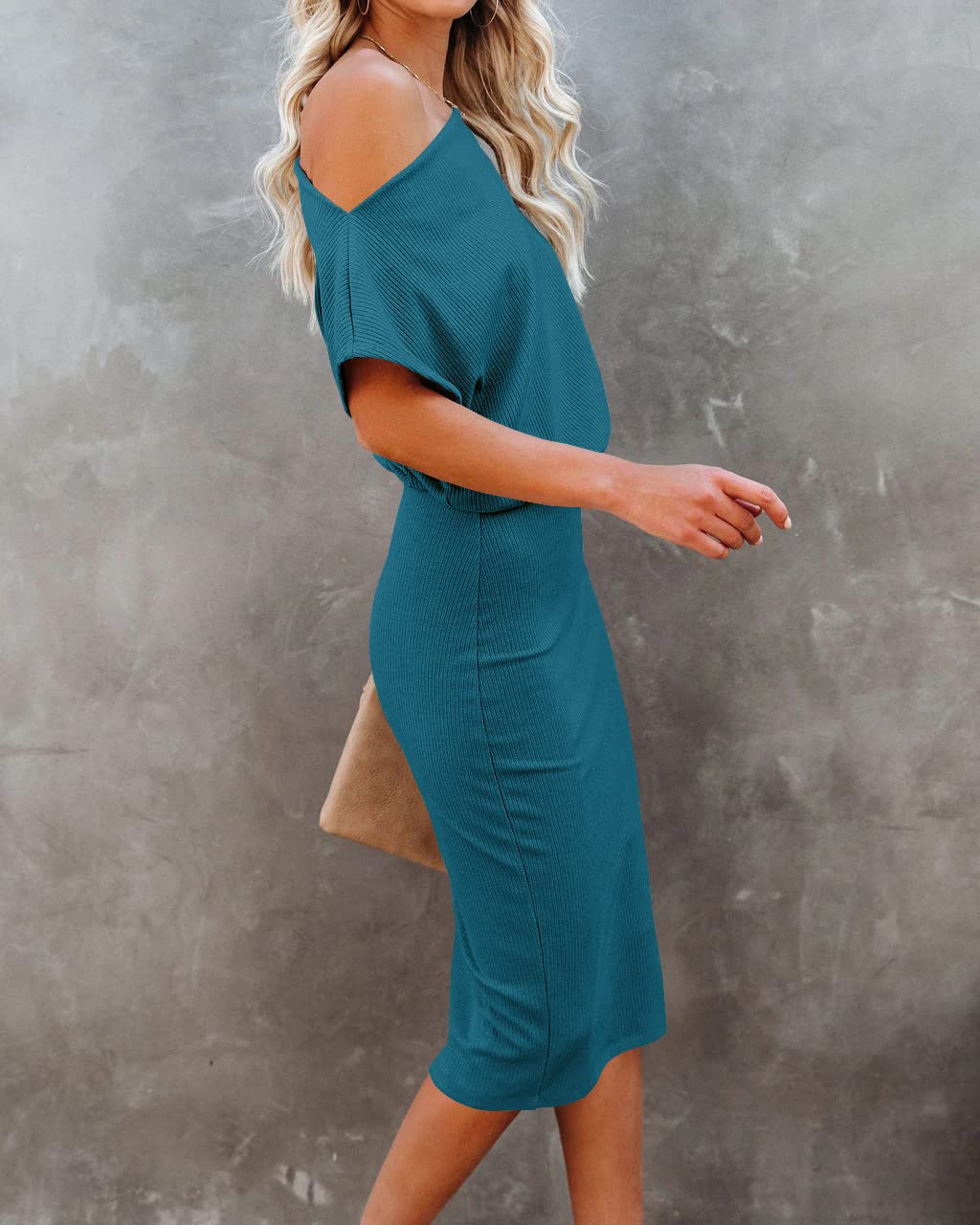 EZBELLE Women's Summer Dress Off The Shoulder Short Sleeve Ribbed Casual Party Bodycon Midi Dresses