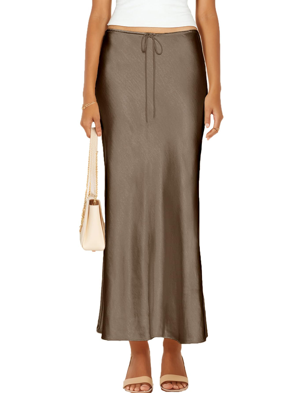 Womens Satin Silk Maxi Skirts Drawstring Flared Casual A-Line Long Skirt for Women
