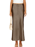 Womens Satin Silk Maxi Skirts Drawstring Flared Casual A-Line Long Skirt for Women