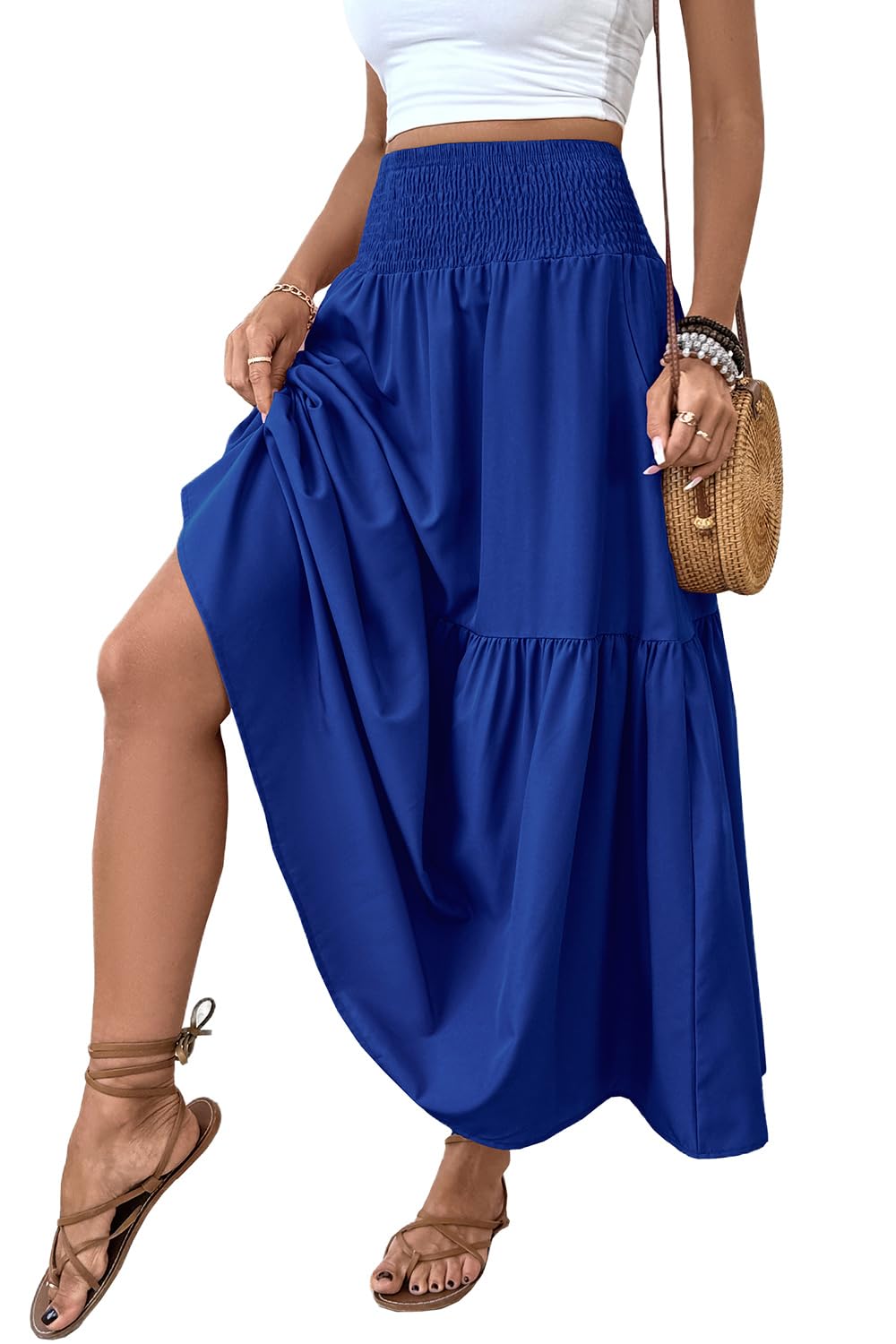 Women's Smocked High Waist Maxi Skirt Casual Boho Long Skirts with Pockets