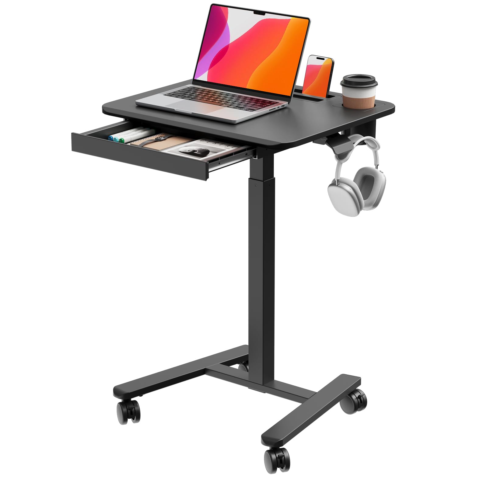 Small Mobile Standing Desk with Drawer, 23.6"x19.7" Rolling Laptop Cart on Wheels, Height Adjustable Sit Stand Computer Workstation with Storage for Compact Space, Black