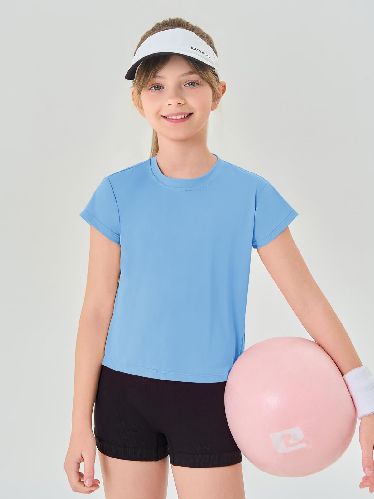 Haloumoning Girls Loose Athletic Shirts Short Sleeve Crop Tops Kids Quick Dry Gym Yoga Tees 5-14 Years