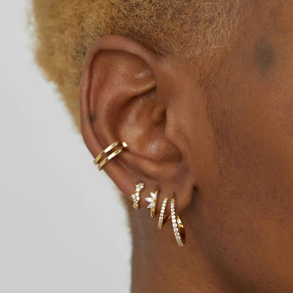 Obidos 14K Gold Plated Illusion Stud Earrings for Women | Triple Huggie Hoop Earrings for One Hole| Trendy Simple Hypoallergenic Fashion Accessories Gold Jewelry Gifts for Womens
