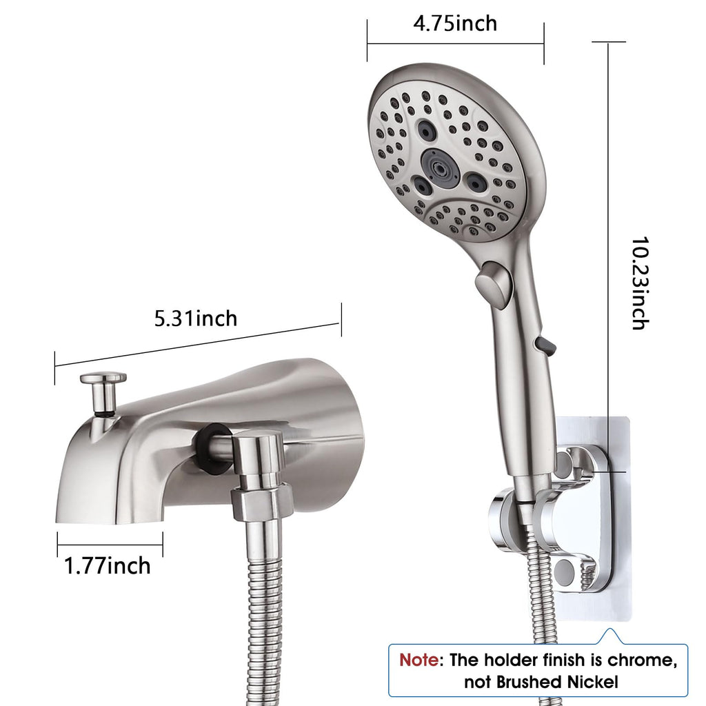 PROOX All Metal Tub Spout with Diverter, 6 Settings Hand held Shower with ON/Off Pause Switch, Bathtub Faucet with Sprayer Brushed Nickel