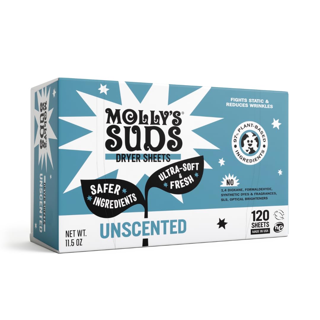 Molly's Suds Fabric Softener Dryer Sheets for Sensitive Skin | Plant-Based Static Reducer, Plastic-Free Packaging | Lavender (120 Sheets)