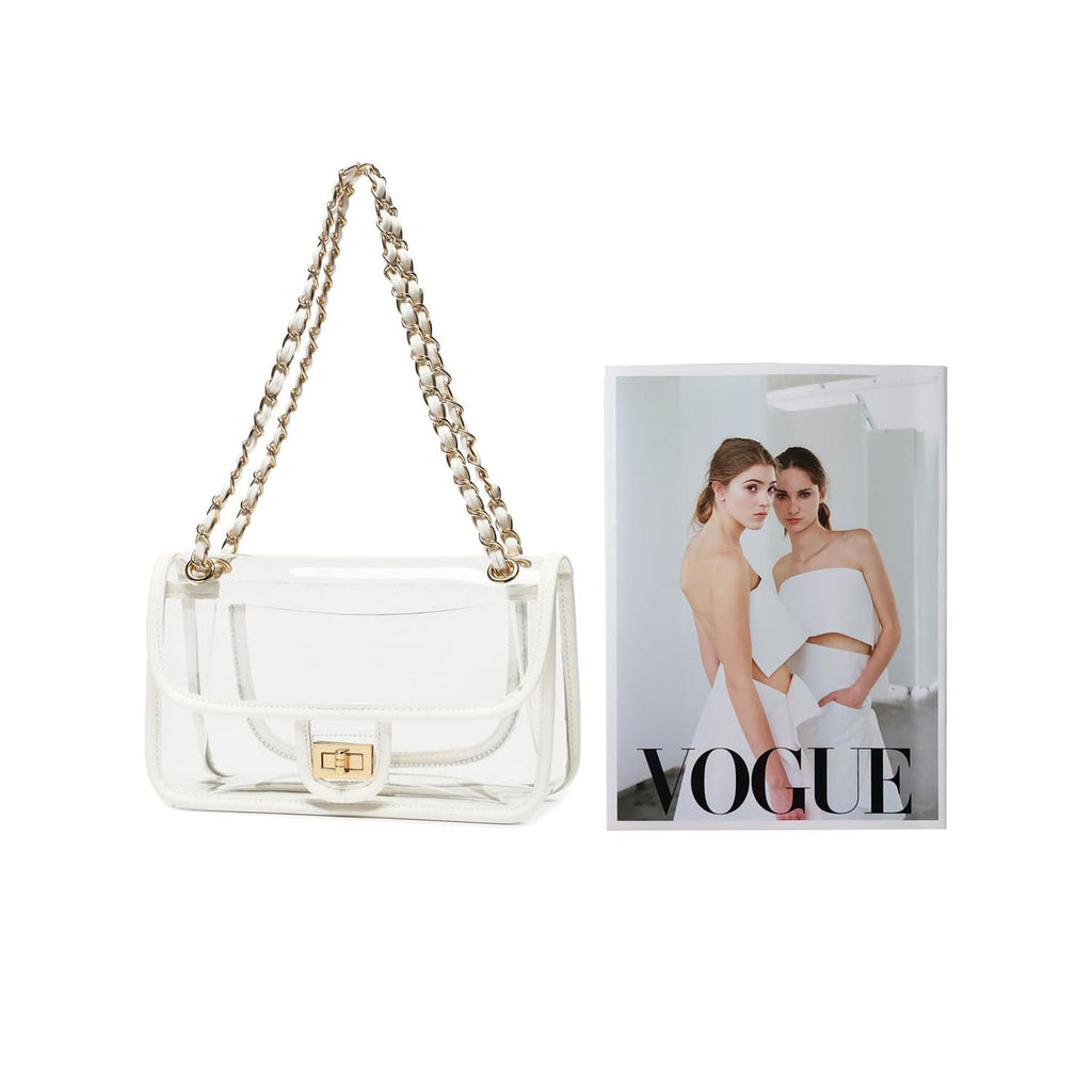 Womens PVC Clear Purse Handbag with Chain Stadium Approved Clear Bag See Through Bag for Working and Concert
