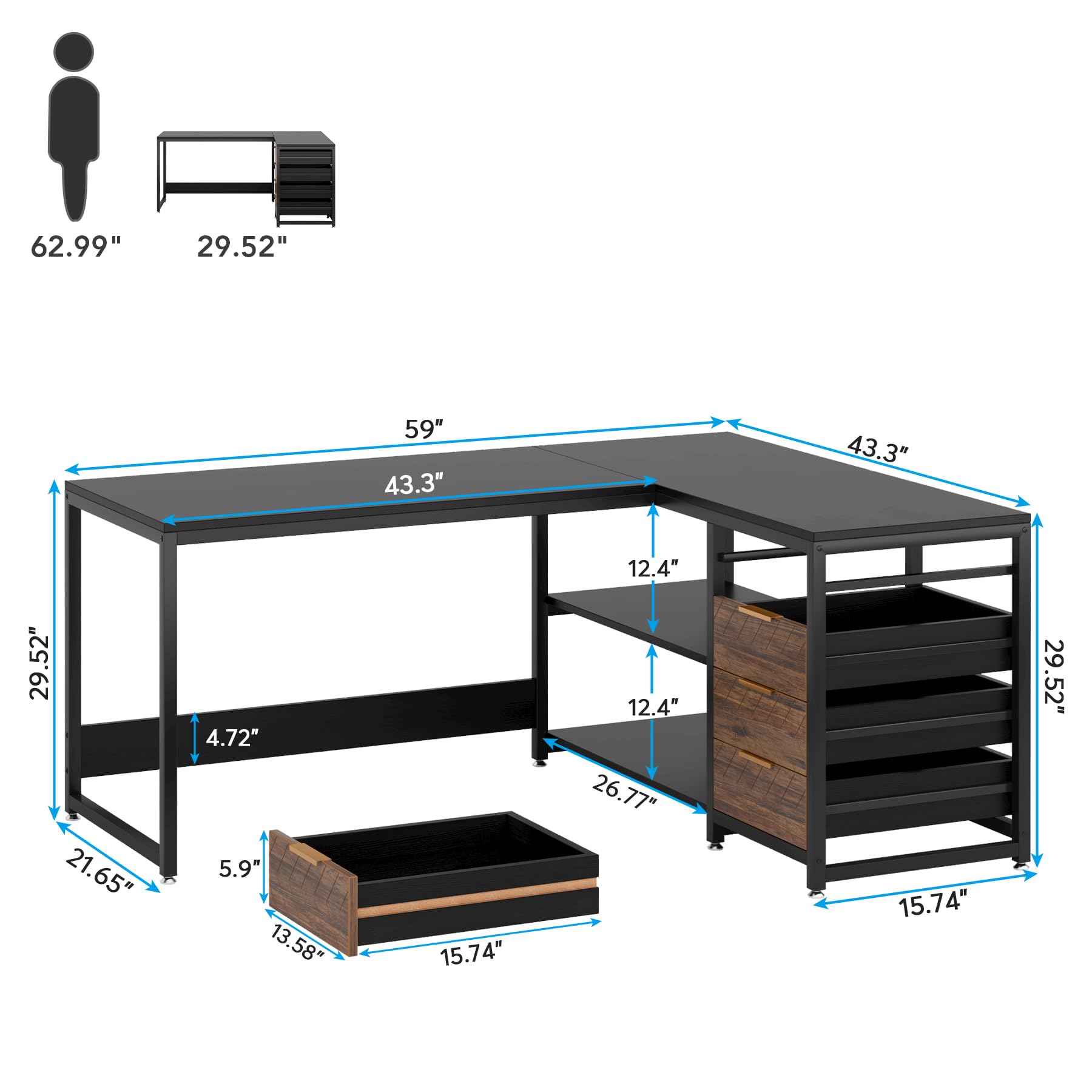 LITTLE TREE 59-Inch L Shaped Desk with Drawers, Large Computer Desk with Storage Shelves, Reversible L-Shaped Corner Desk Workstation for Home Office