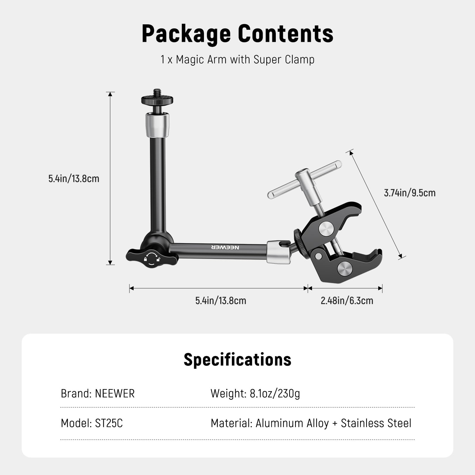 NEEWER 5.9"/15cm Adjustable Friction Magic Arm with 1/4" Screw on Both Ends, Compatible with SmallRig Cage, Flash/LED Light/Microphone/Monitor/SuperClip, Max Load 4.4lb/2kg, ST15
