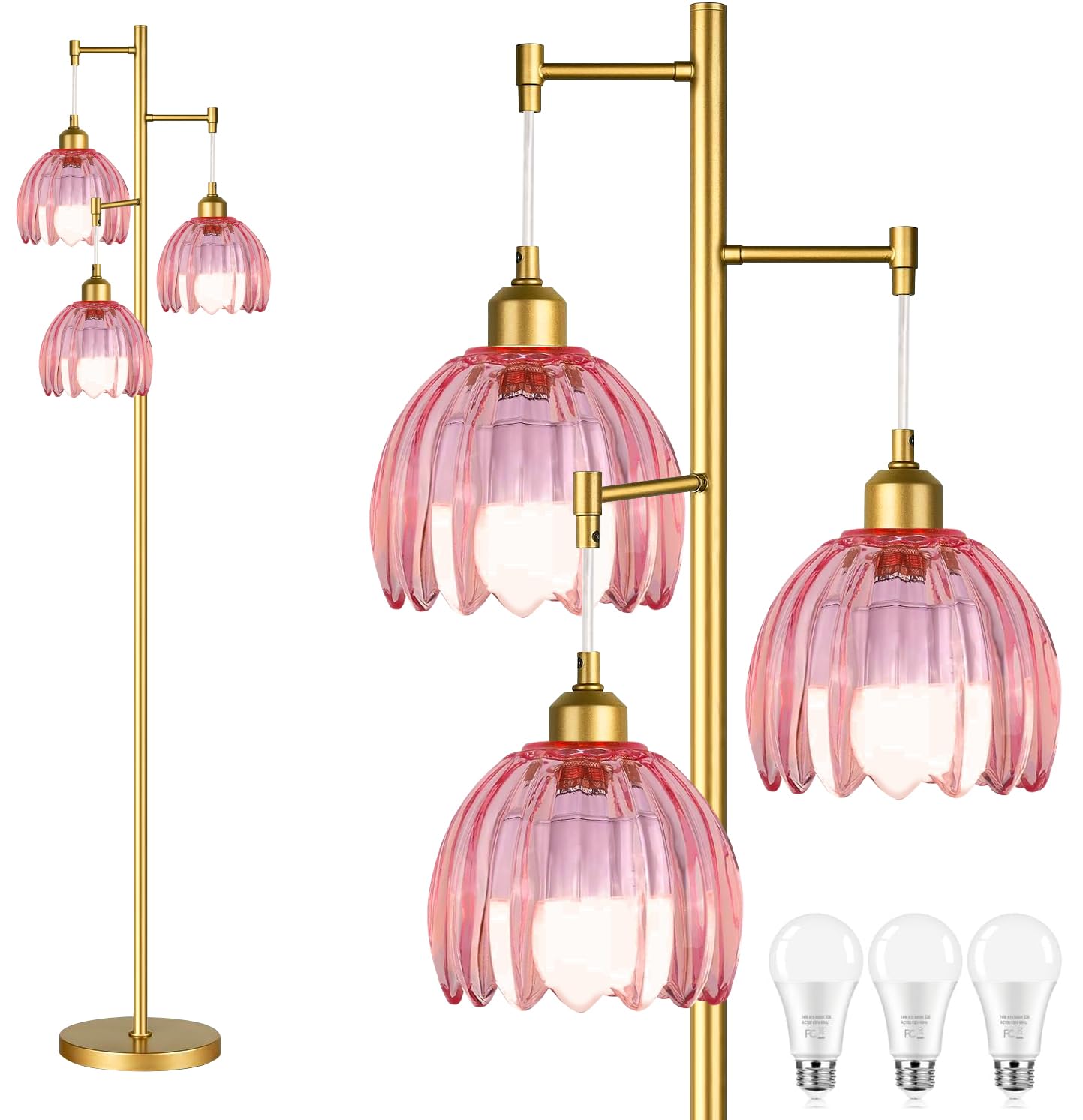 AHDWDW Gold Floor Lamp for Living Room Bedroom,Modern Floor Lamps with Unique Amber Glass Shades,68IN Mid Century Tall Flower Standing Lamp,Vintage 3 Lights Tree Floor Lamp for Corner Office Reading