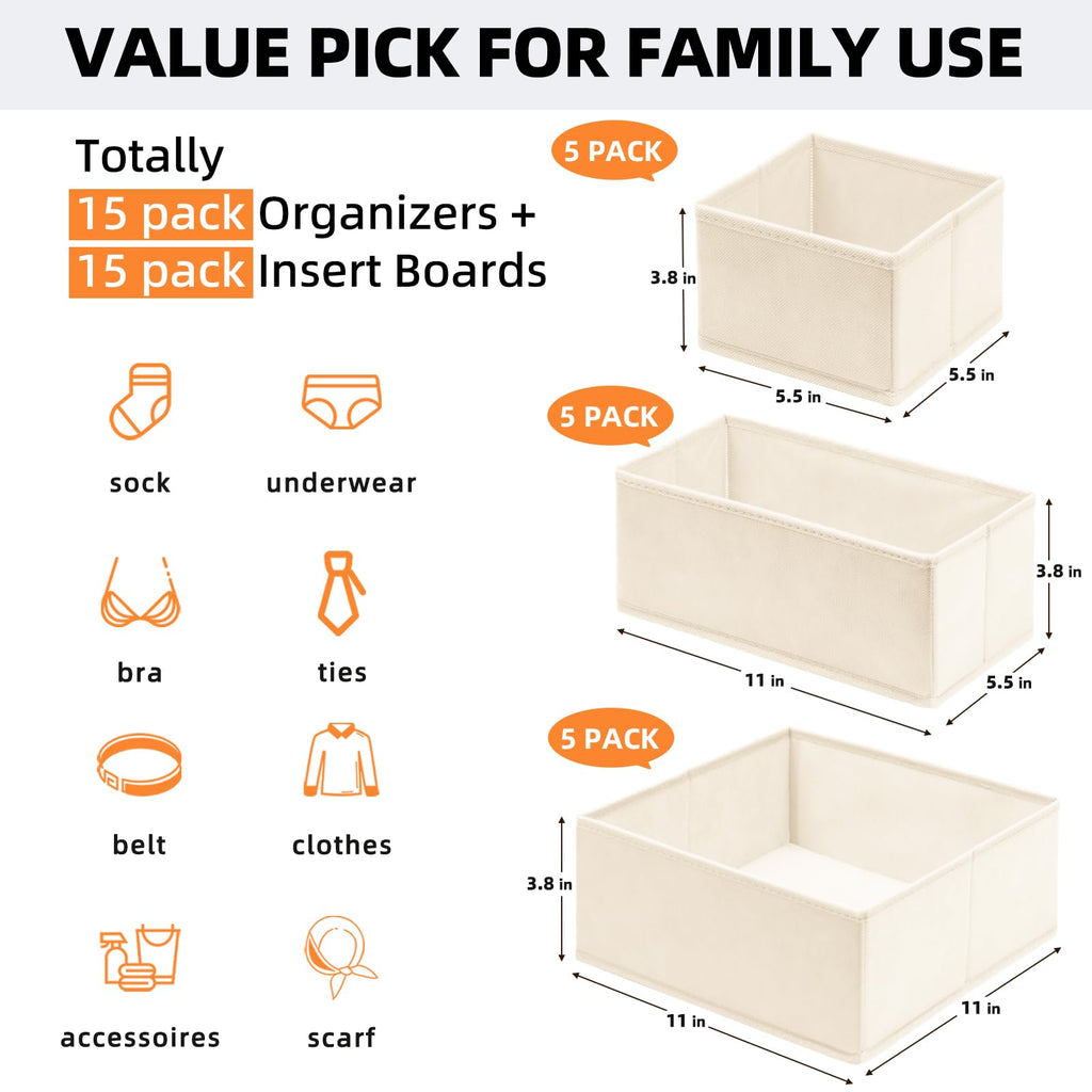 Criusia Closet Drawer Organizer Clothes, 15 Pack Dresser Organizer for Baby Clothes, Fabric Drawer Dividers for Nursery Bedroom (Beige)
