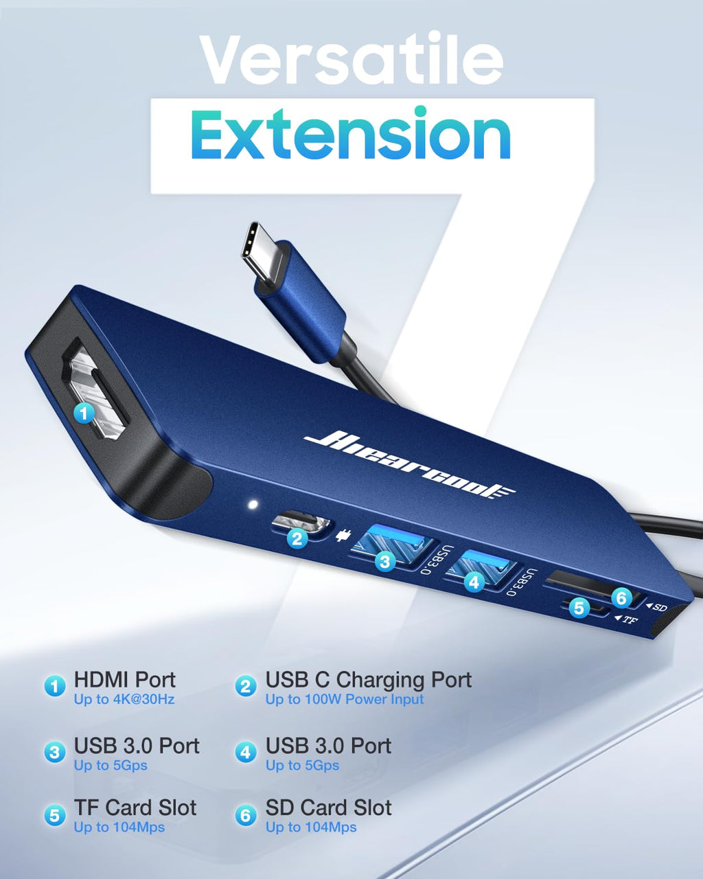Hiearcool USB C Hub Multi-Port Adapter, 7-in-1 USB-C Dongle with 4K HDMI 100W PD SD/TF Card Reader, USBC Dock Compatible for MacBook Pro/Air Dell XPS Lenovo HP and Other Windows Laptops-Sliver White