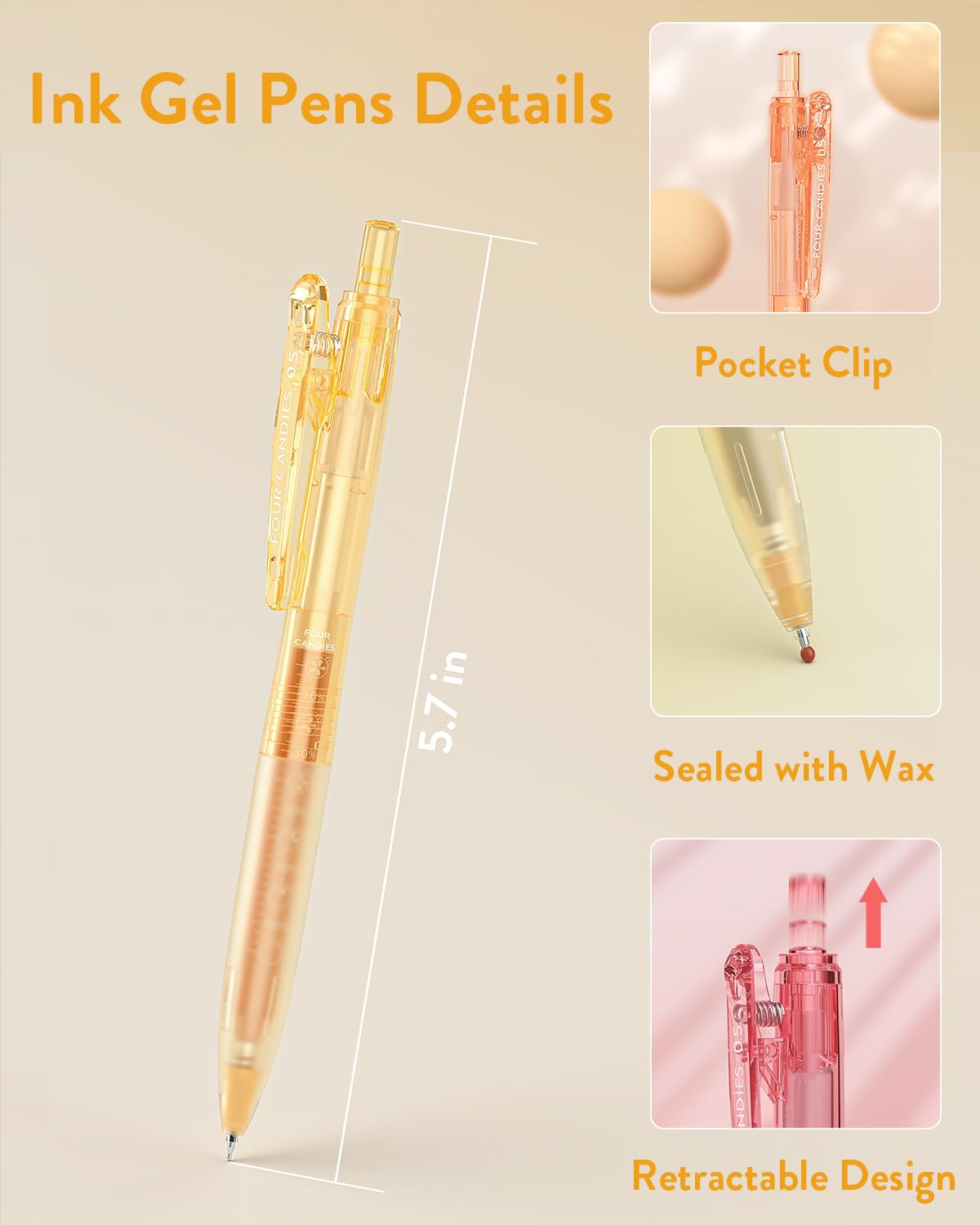 Four Candies 6Pack 0.5mm Black Ink Quick Dry Retractable Gel Pen Set, Cute Transparent Pastel Fine Point Note Taking Aesthetic lnk Pens, Comfort Grip Drawing Writing School Office Home