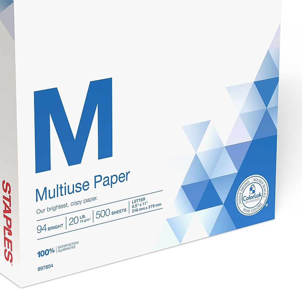 Staples Multiuse Copy Paper, 20 Lb, 94 Bright, 8 1/2" x 11", White, 3-Ream Case, For Office, School & Home