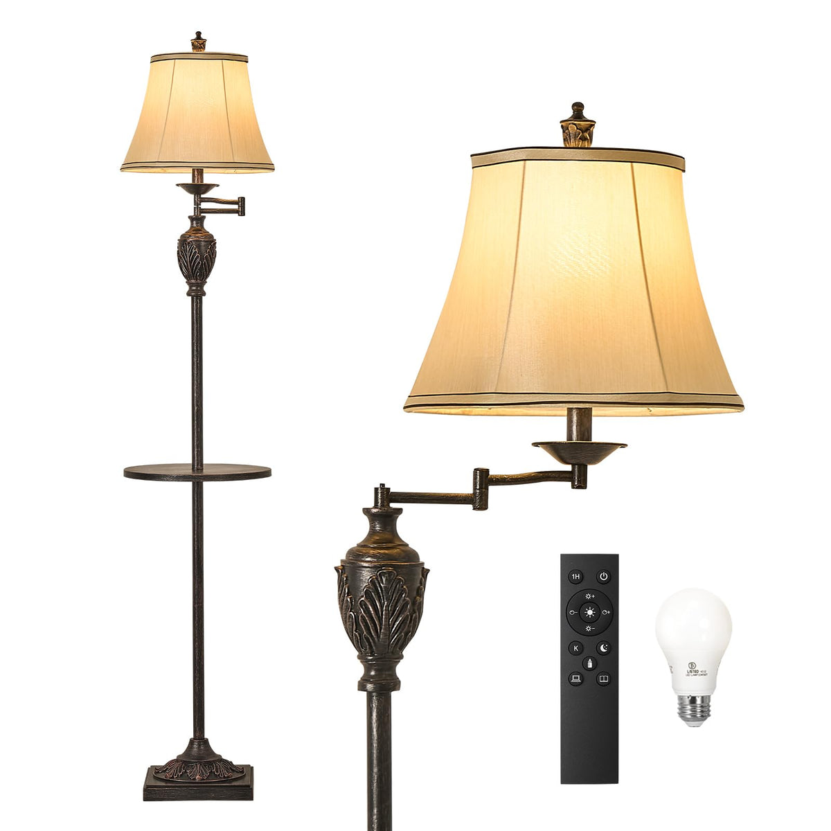 Traditional LED Floor Lamp with 350° Adjustable Swing Arm Lamp – Vintage Standing Pole lamp for Living Room, Bedroom and Office – Rustic Upright Floor Light for Home Décor with Silk Fabric Shade
