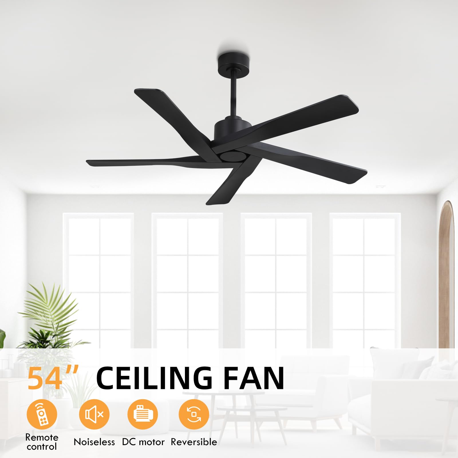 WINGBO 54" ABS DC Ceiling Fan No Light, 5 Blade Wood Grain ABS Ceiling Fan with Remote, 6-Speed Reversible DC Motor, Ceiling Fans without Light for Kitchen Bedroom Living Room, Antique Nickel and Grey