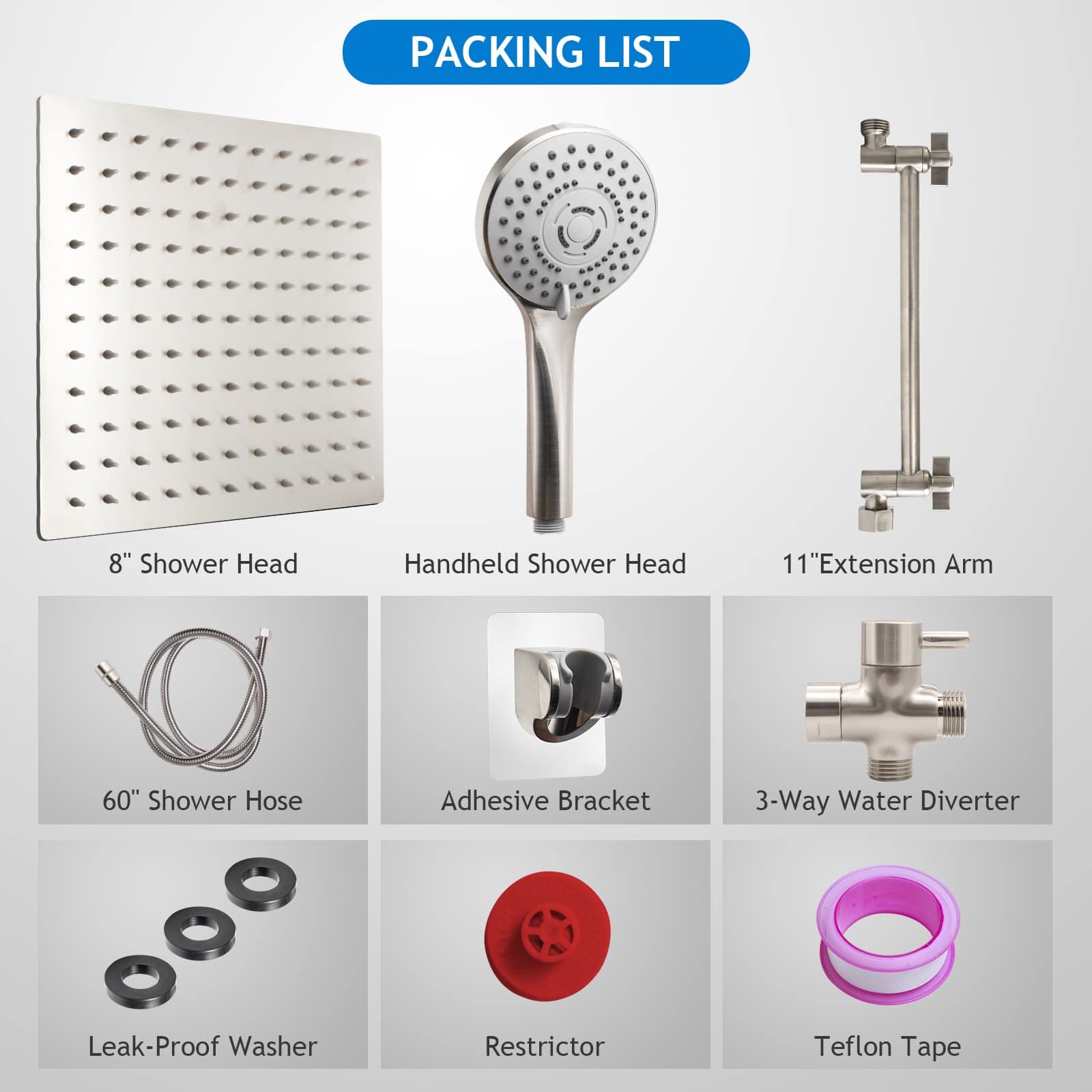 Shower Head Combo(Brushed Nickel),8 Inch High Pressure Rain Shower Head with 11 Inch Adjustable Extension Arm and 5 Settings Handheld Shower Head Combo,Powerful Shower Spray Against Low Pressure Water