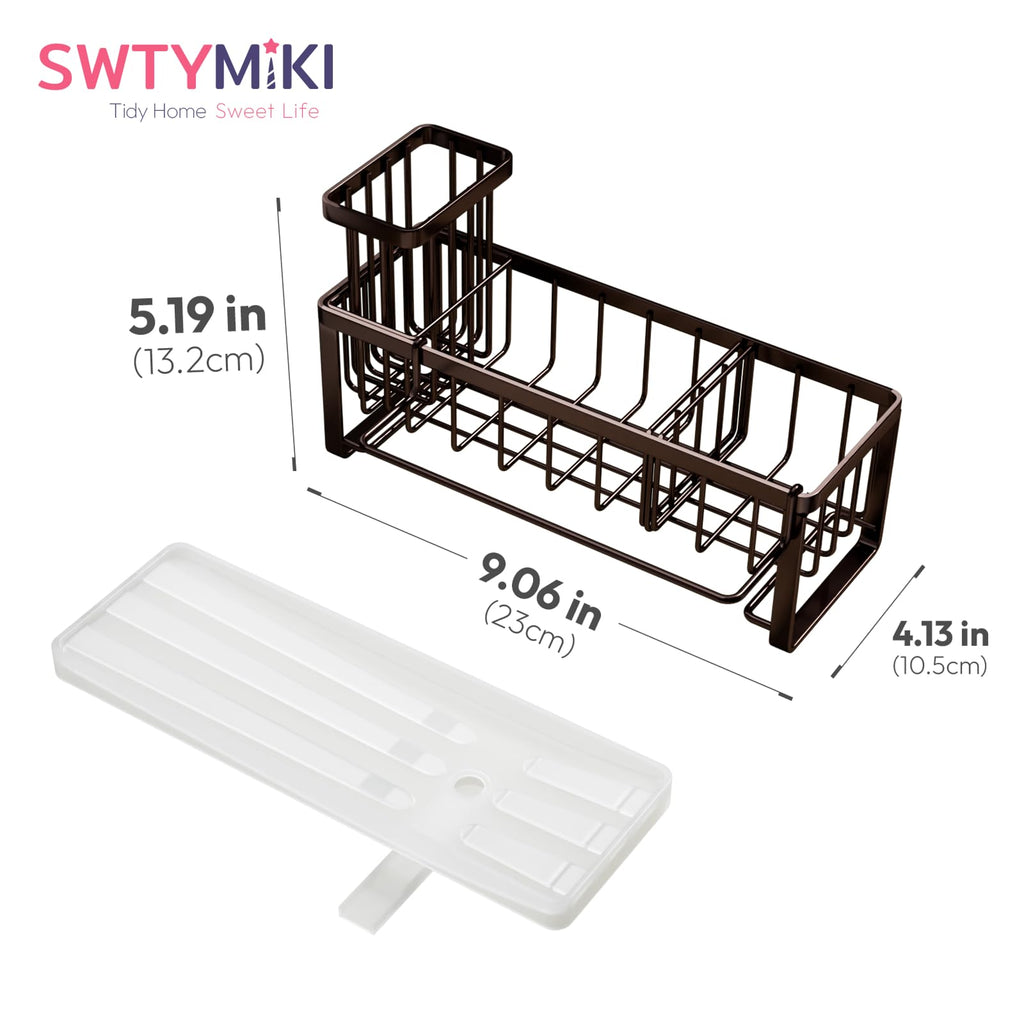 SWTYMIKI Sponge Holder for Kitchen Sink - Sink Caddy with Brush Holder Self-draining Sponge Caddy Organizer with Divider Stainless Steel Kitchen Accessories Storage for Countertop, Black