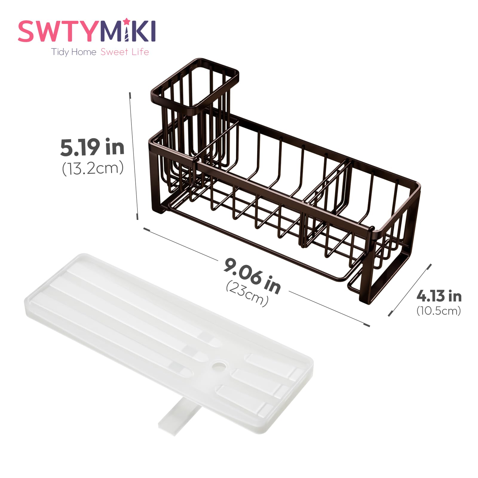 SWTYMIKI Sponge Holder for Kitchen Sink - Sink Caddy with Brush Holder Self-draining Sponge Caddy Organizer with Divider Stainless Steel Kitchen Accessories Storage for Countertop, Black