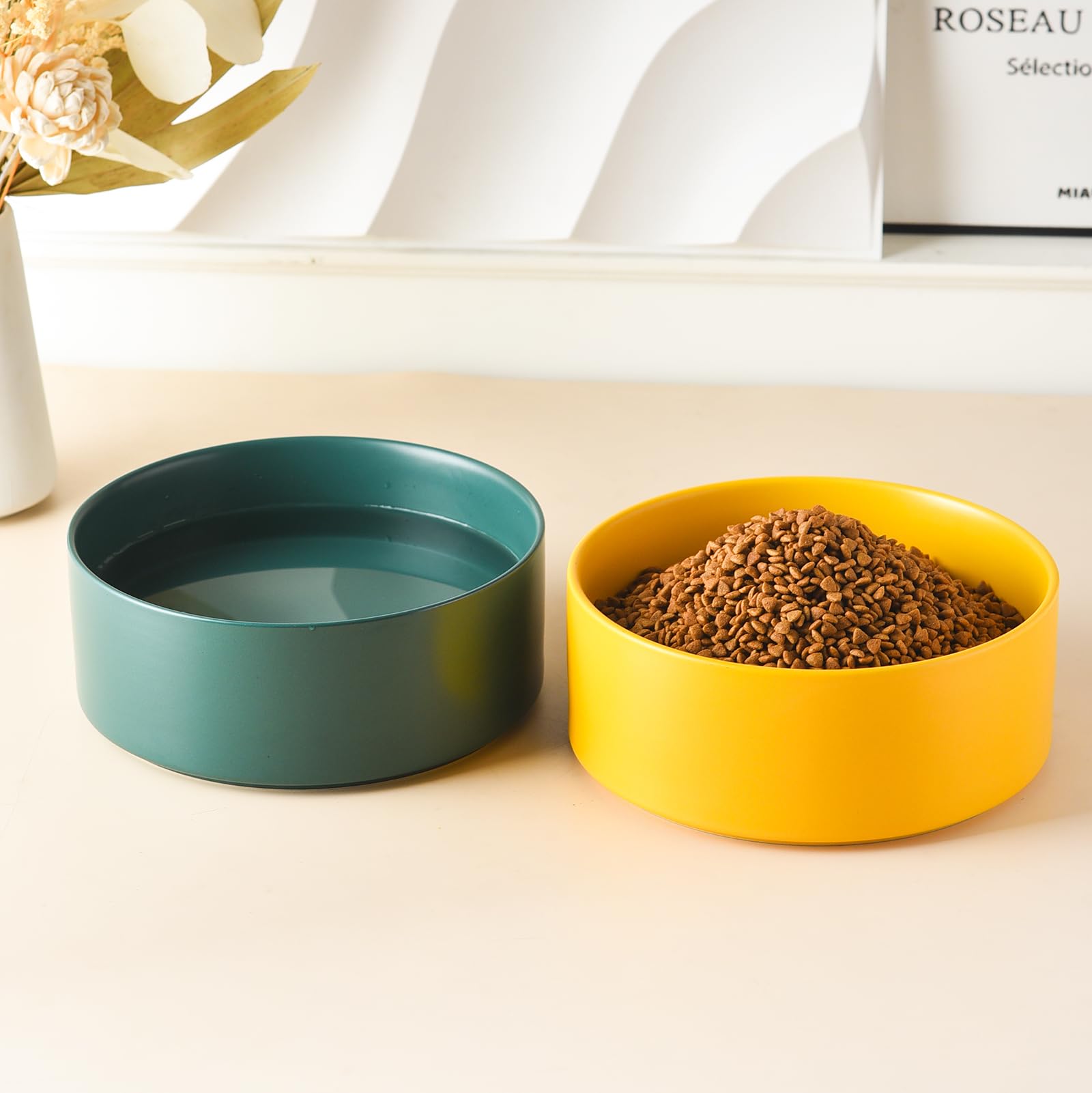 6'' Ceramic Raised Dog Bowl - 30Oz Dog Food & Water Bowl with Elevated Non-Slip Bamboo Stand, Dishwasher & Microwave Safe, Anti Vomiting Heavy Duty Pet Bowl for Small and Medium Dogs, Black