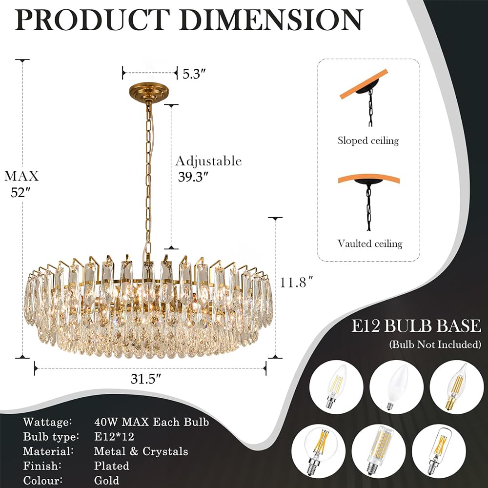 23.6" Modern Crystal Chandelier with Grey Crystal Gold 3-Tier Luxury Pendant Light 12-Light Ceiling Pendant Lighting for Dinning Room Living Room Foyer