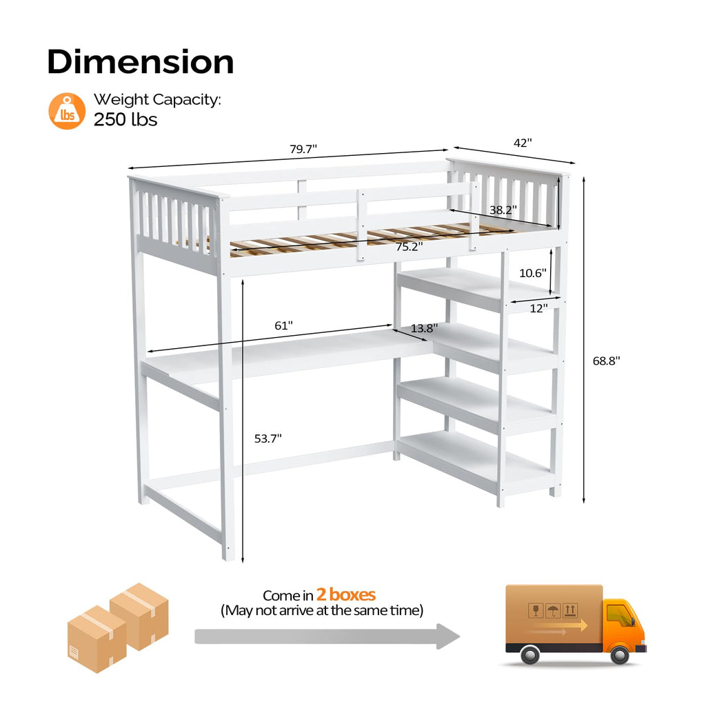JOYMOR Low Loft Bed Twin Size with LED Lights, 4 Storage Shelves, Removable Curtain, Kids Wood Loft Bed with 15" H Safety Guardrail, Spave Saving, Mattress Not Included (Gray)
