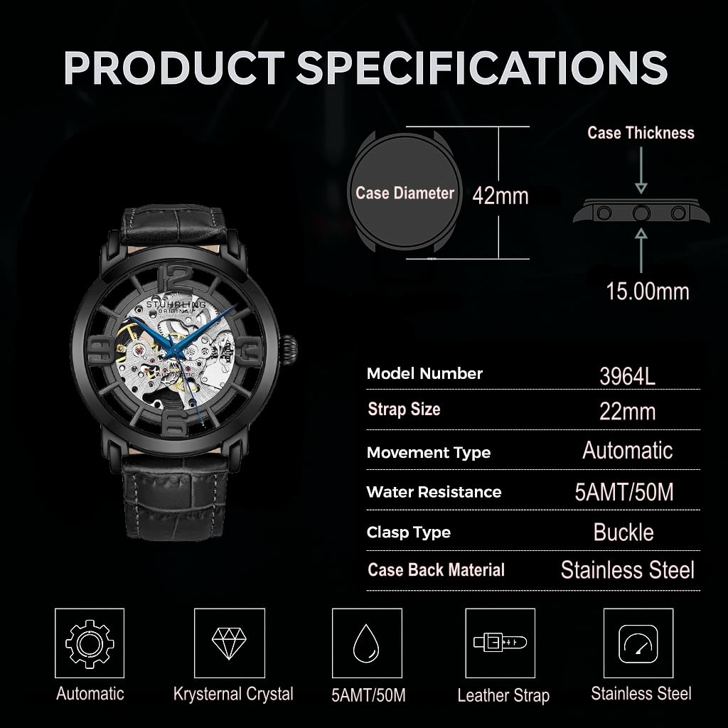 Stührling Original Men’s Skeleton Automatic Watch – Winchester 44 Elite, Stainless Steel Case, Mechanical Movement, Leather Strap