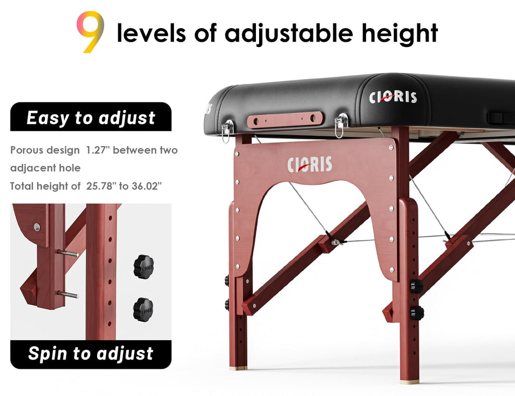 CLORIS 84" Professional Massage Table Portable Reinforced Wooden Leg 2 Folding Lightweight Spa Salon Tattoo Massage Bed Height Adjustable Hold Up to 1100LBS with Carrying Bag Black