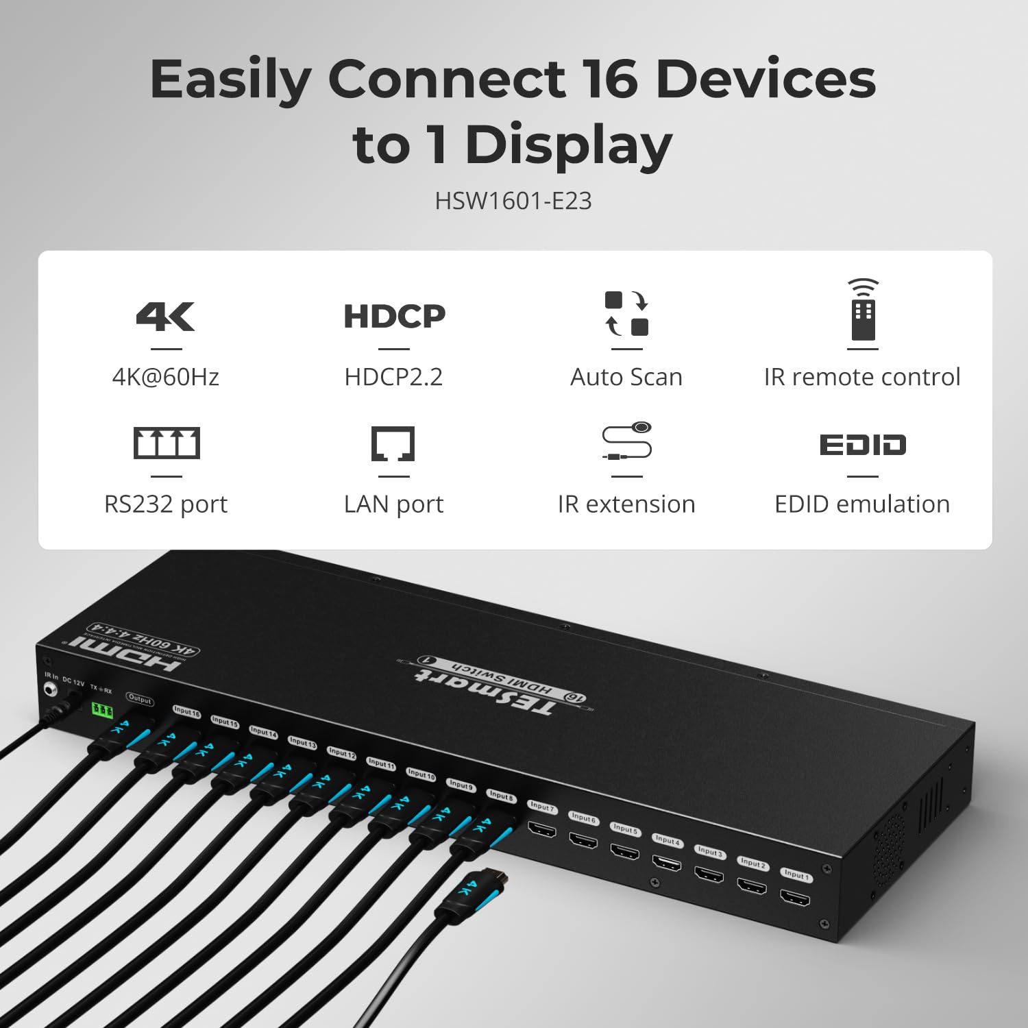 TESmart 8×1 HDMI Switch 8 in 1 Out 4K @ 60Hz HDCP with 19-inch Rack-Ears | RS-232 / LAN Control | IR Remote Control and Auto Switch | Auto Scan Time Interval - Black