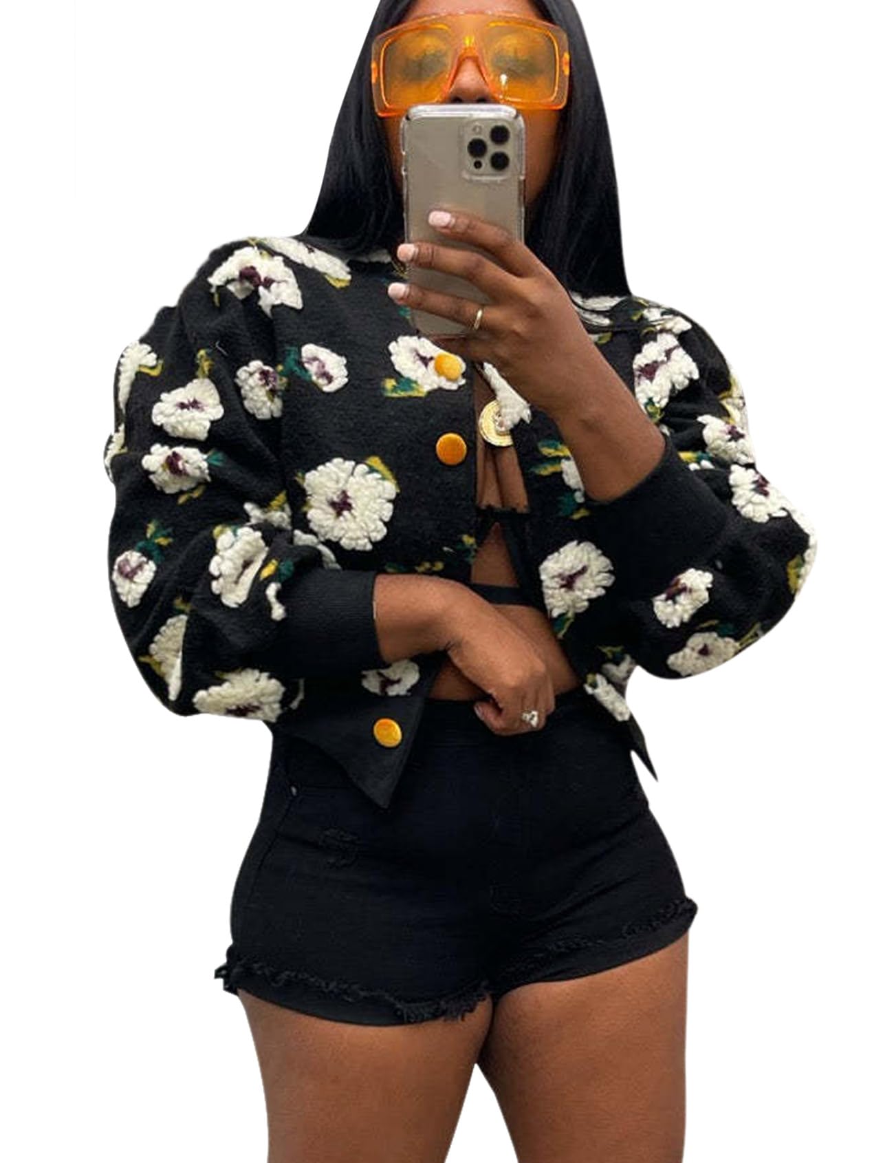 Womens Cropped Floral Print Jacket Warm Fleece Bomber Jacket Casual Button Down Coats Fall Puff Outerwears