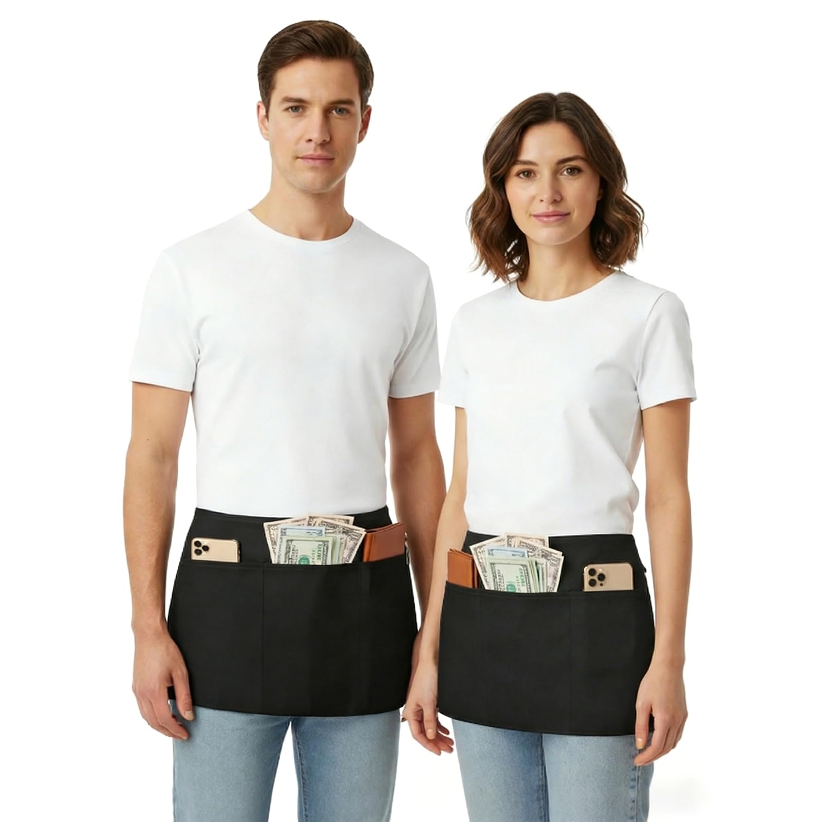 BOHARERS Waist Apron with 3 Pockets - White Waitress Waiter Server Short Apron