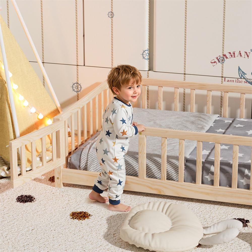 i-POOK Queen Floor Bed for Children, Sturdy Wood Montessori Bed Frame with Wood Slats, High Fence & Small Door for Girls and Boys, Espresso (with Bed Slats)