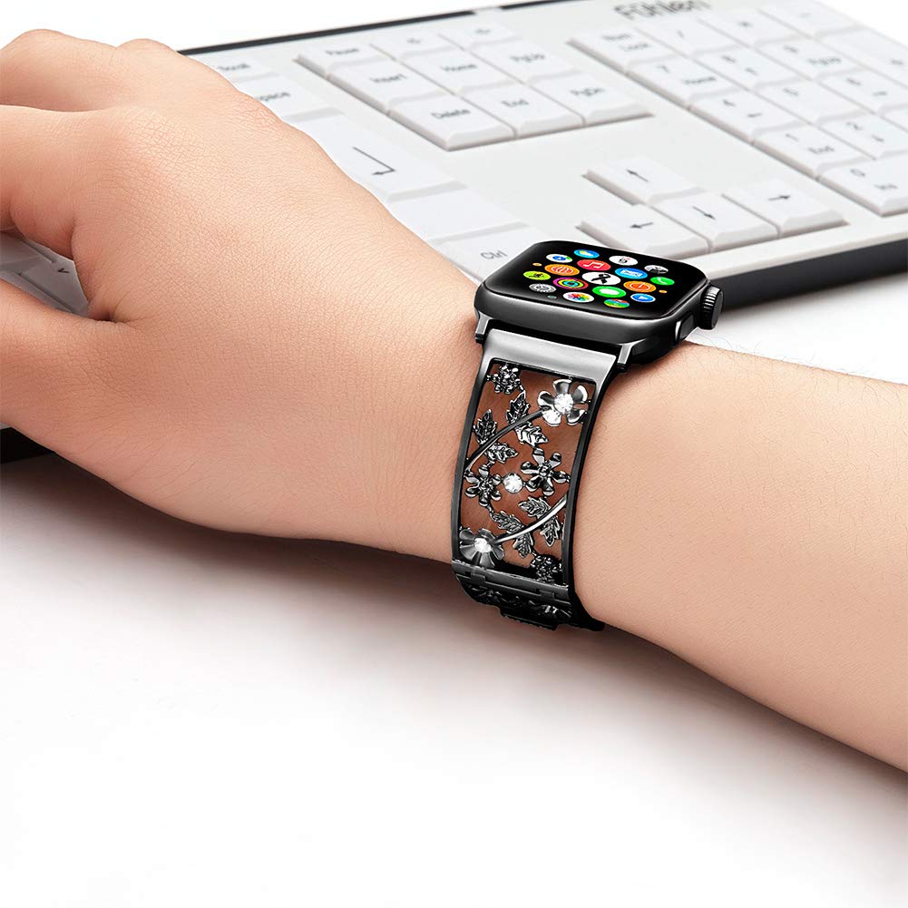 Floral Band Compatible with Apple Watch Jewelry Band 38mm 40mm 41mm 42mm iWatch Bands Series 11 10 9 8 7 6,Bling Crystal Bracelet Hollow Metal Strap,Fashion Women Wristband(38/40/41/42mm,Black)